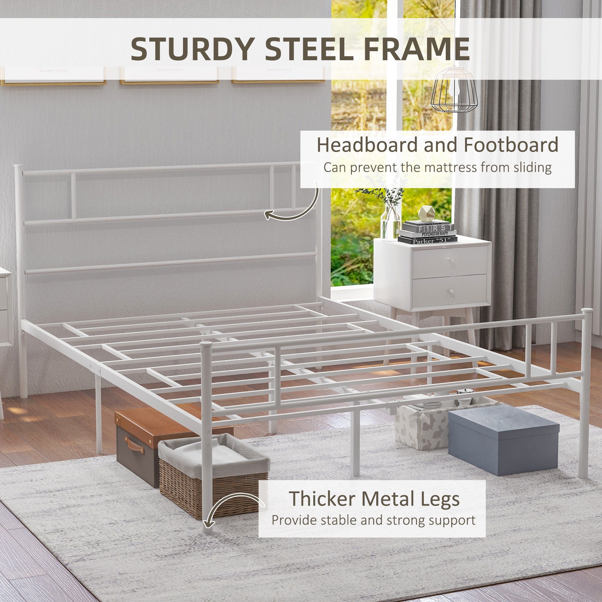 HOMCOM Double Metal Bed Frame Solid Bedstead Base with Headboard and Footboard, Metal Slat Support and Underbed Storage Space, Bedroom Furniture, White - North Peak Garden Furniture