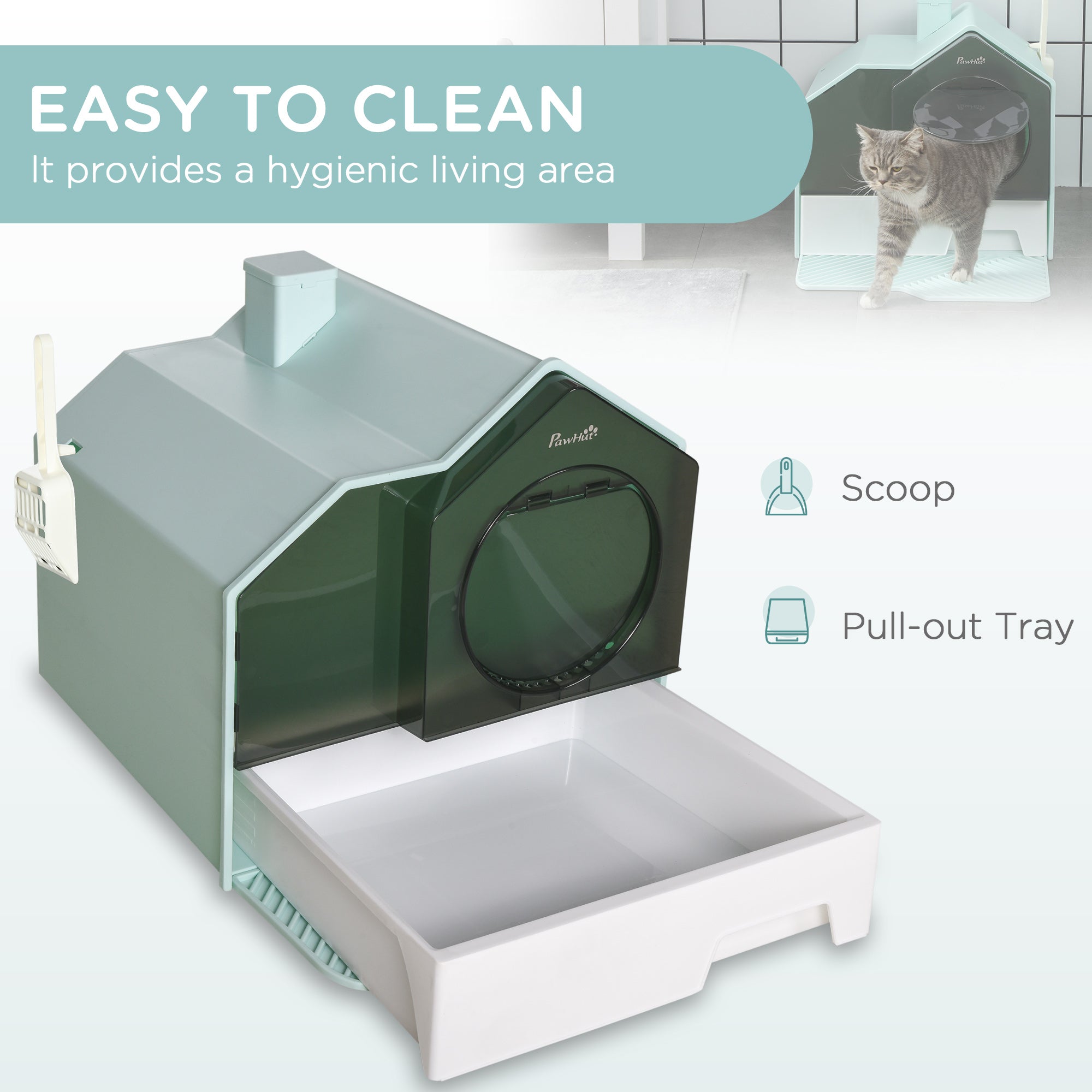 PawHut Hooded Cat Litter Tray w/ Scoop Light Blue - North Peak Garden Furniture