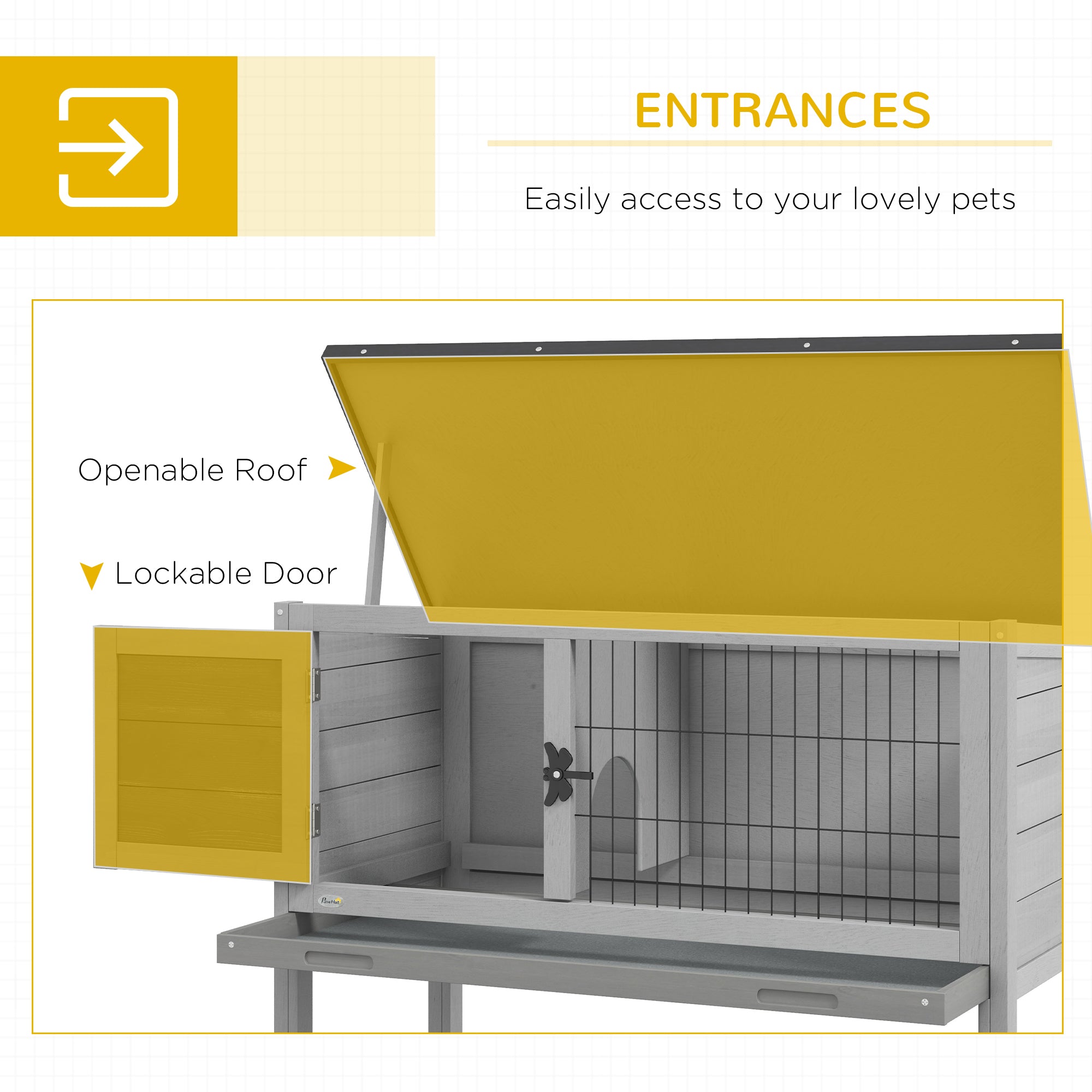 PawHut Wooden Guinea Pig Hutch, Small Animal Cage with Slide-out Tray, Openable Asphalt Roof, 84 x 43 x 70cm, Grey - North Peak Garden Furniture
