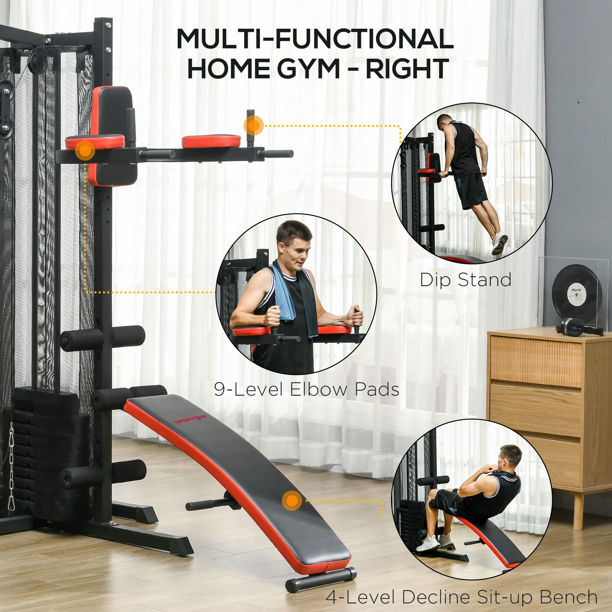 SPORTNOW Multi Gym Workout Station, Weight Machine with 65kg Weight Stack, Sit Up Bench, Push Up Stand, Dip Station - North Peak Garden Furniture