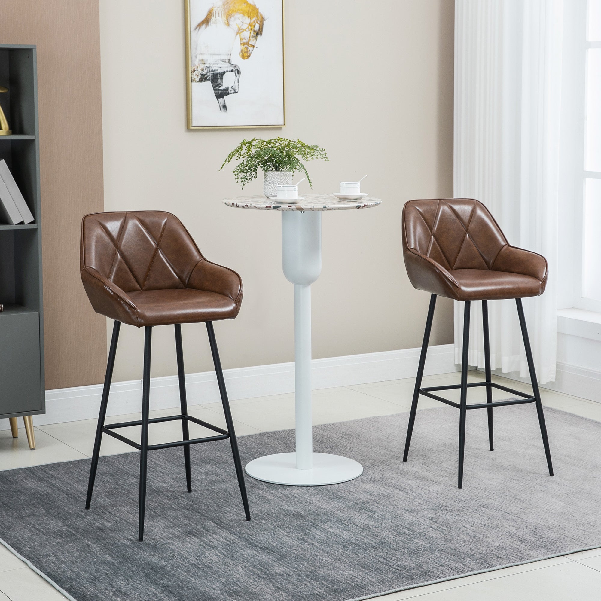 HOMCOM Retro Bar Stools Set of 2, Breakfast Bar Chairs with Footrest, Kitchen Stools with Backs and Steel Legs, for Dining Area and Home Bar, Brown - North Peak Garden Furniture