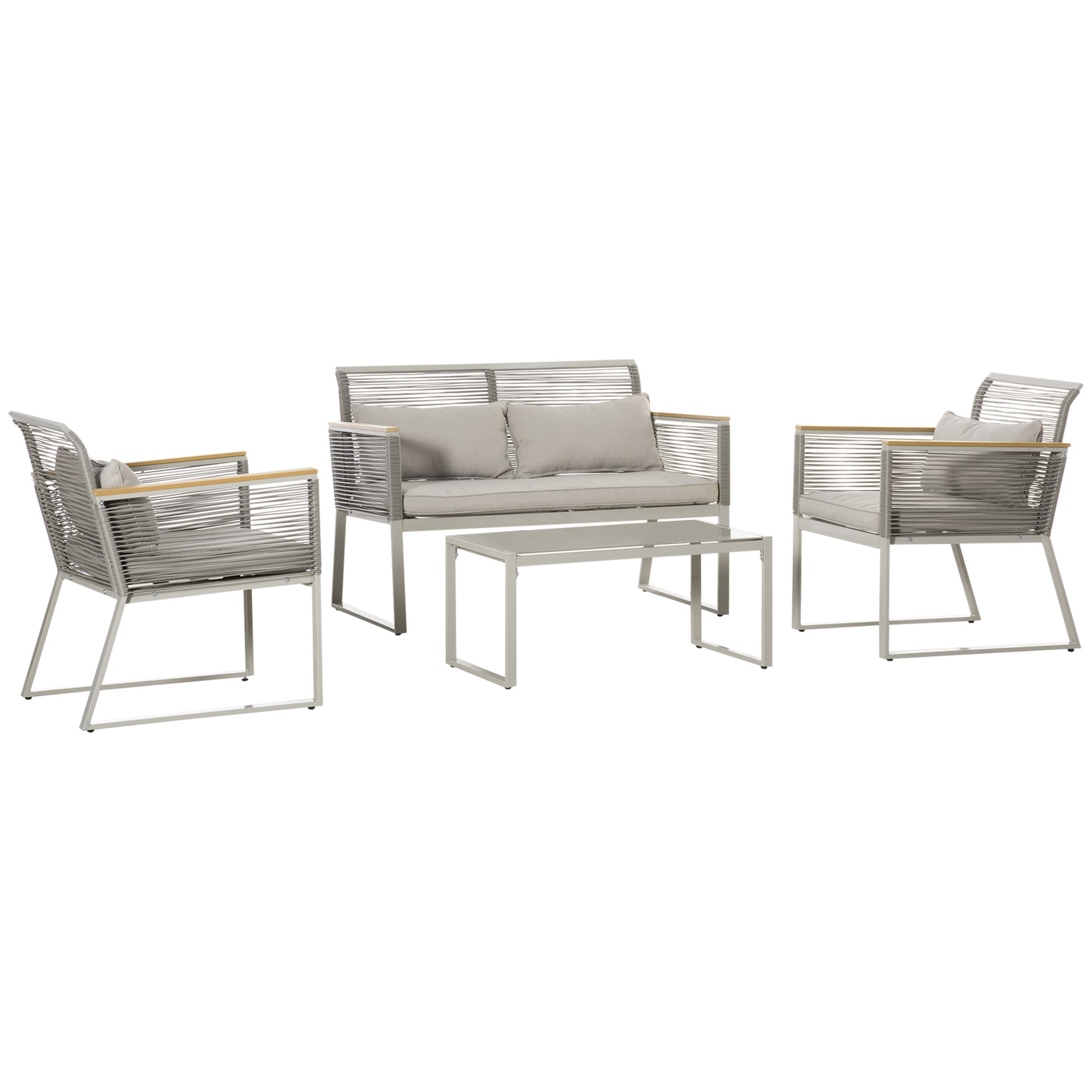 Outsunny 4 Pieces Patio Wicker Sofa Set, Outdoor Metal Frame Wrapped Round PE Rattan Conservatory Furniture, w/ Cushions, Pillows & Tempered Glass Table for Backyard, Garden, Grey - North Peak Garden Furniture