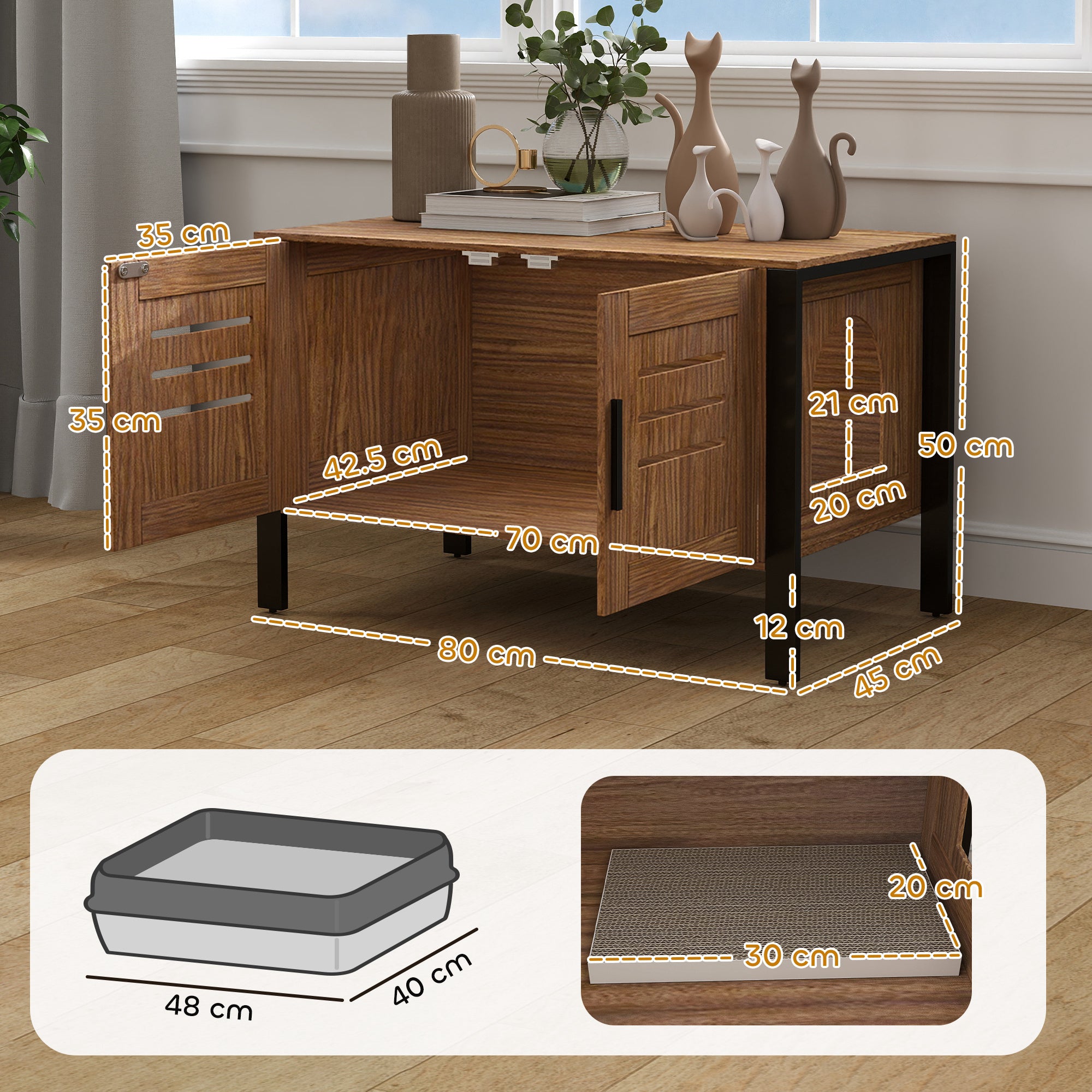 PawHut Cat Litter Box Enclosure with Tall Legs, Scratching Board, Double Doors, Ventilation Holes, 80 x 45 x 50 cm, Dark Brown - North Peak Garden Furniture