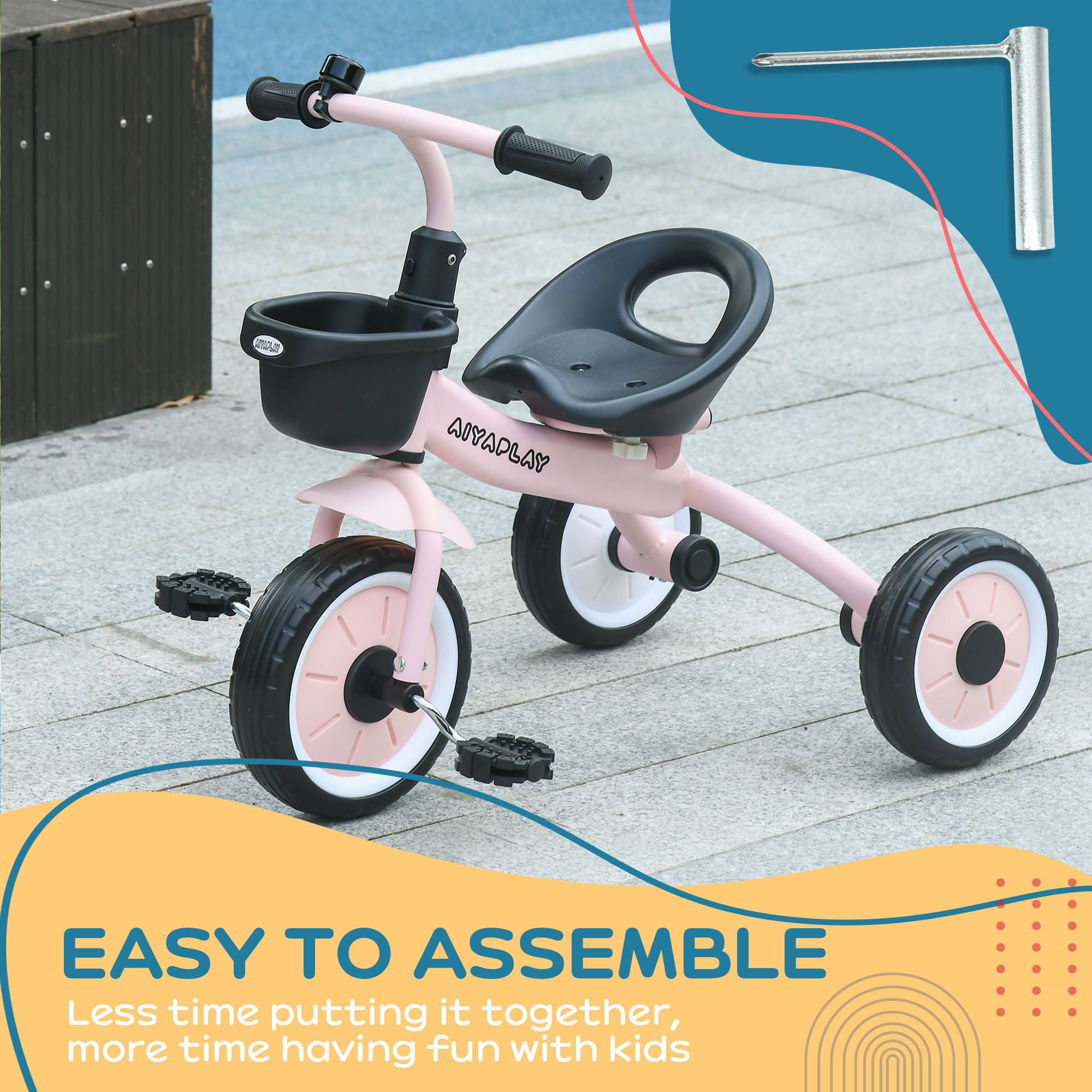 AIYAPLAY Kids Trike, Tricycle, with Adjustable Seat, Basket, Bell, for Ages 2-5 Years - Pink - North Peak Garden Furniture