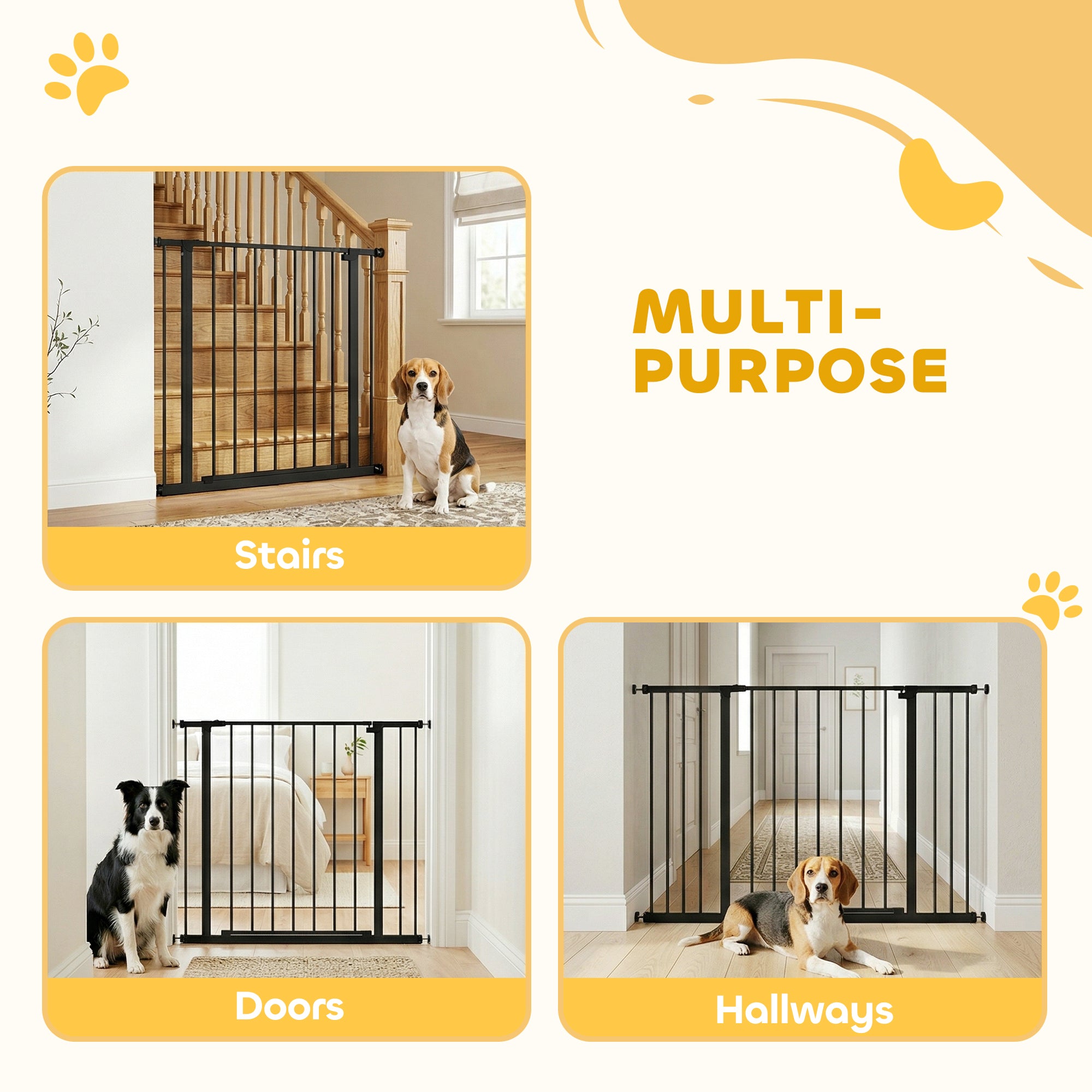 PawHut Dog Gate Pet Safety Gate Stair Barrier Pressure Fit Adjustable 76-82/86-97/101-107 cm, Black