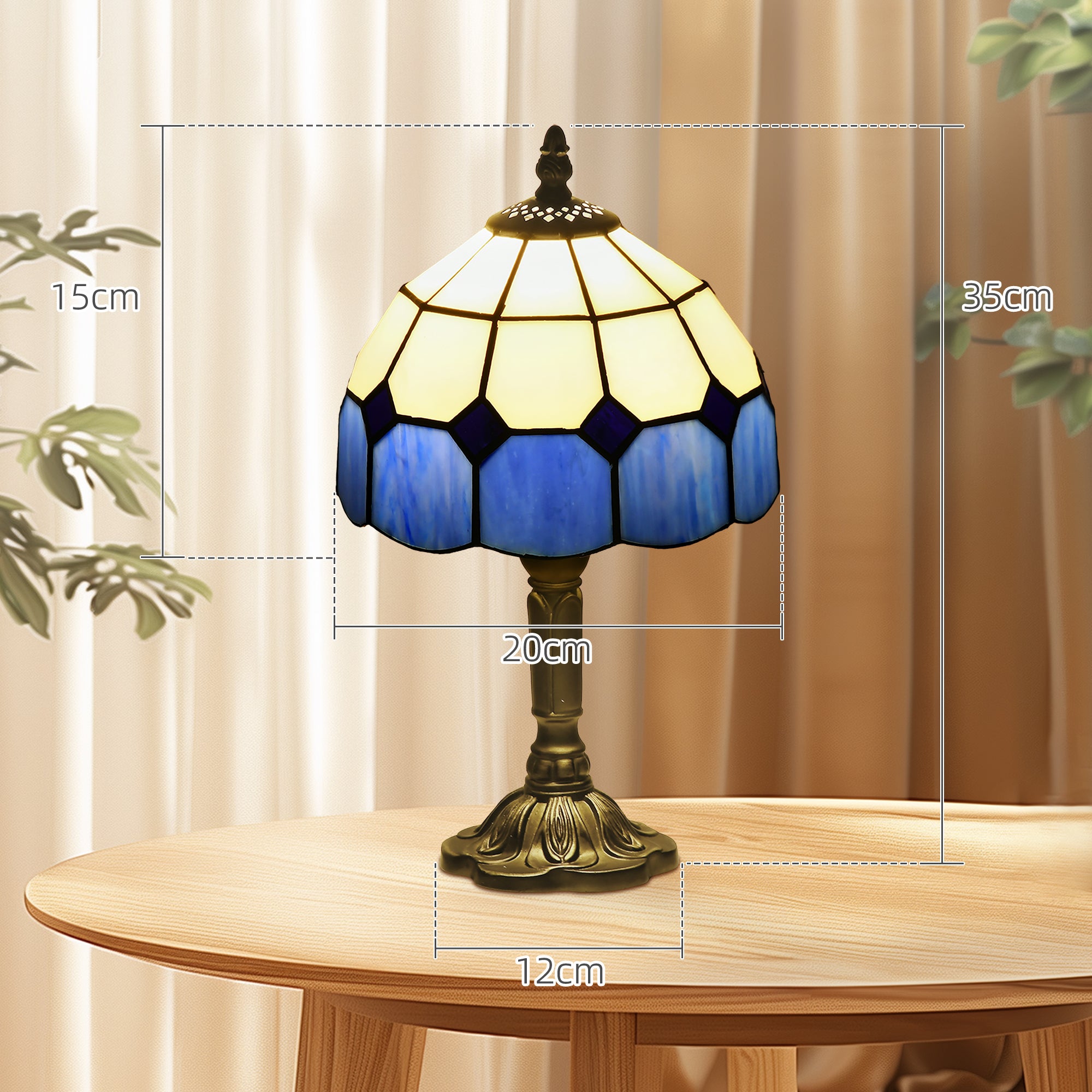 HOMCOM Handmade Stained Glass Table Lamp, Antique Bedside Lamp for Bedroom, Living room, Home, Nightstand, Decorative Night Light, Blue - North Peak Garden Furniture