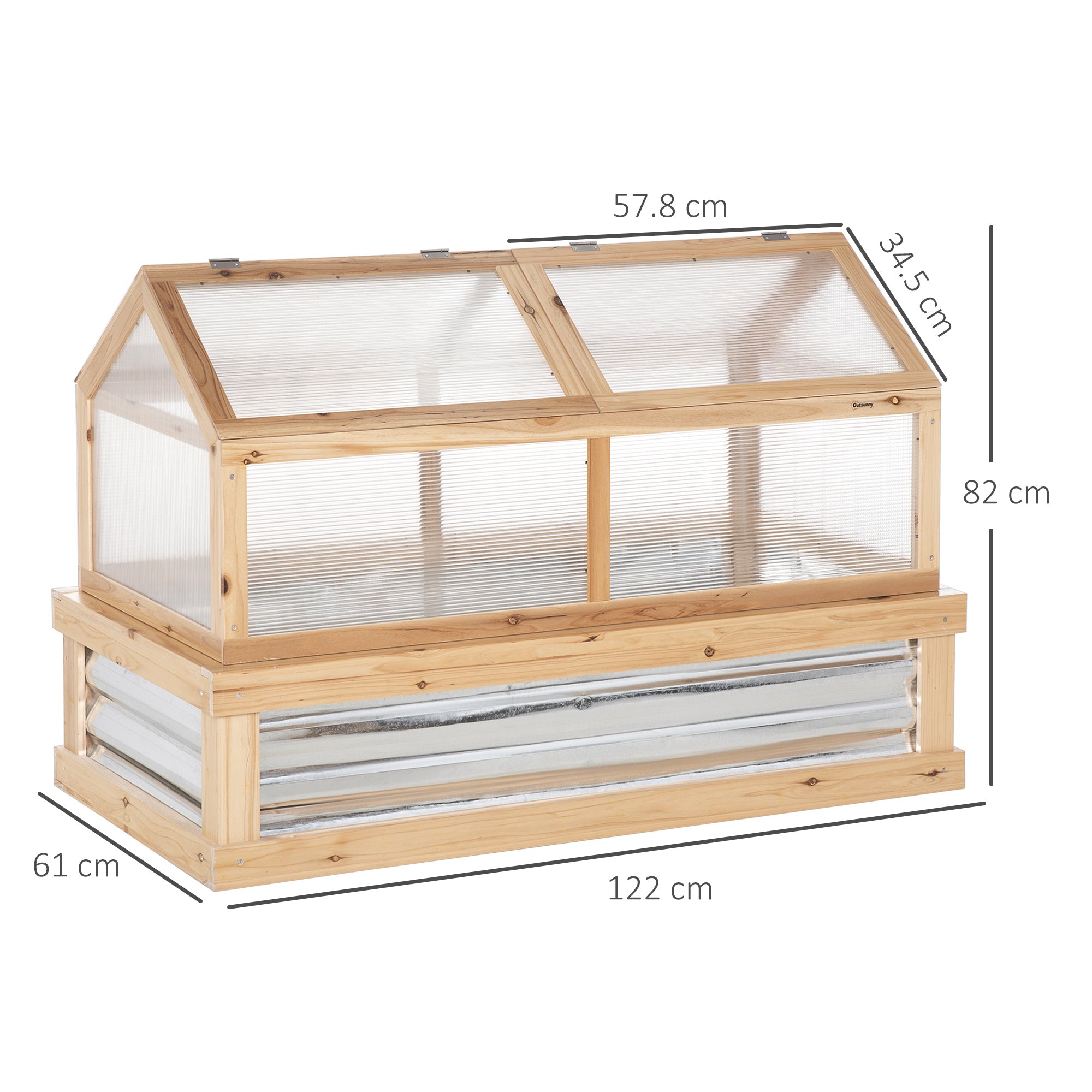 Outsunny Raised Garden Bed with Greenhouse Top, Garden Wooden Cold Frame Greenhouse Flower Planter Protection with 2 Independent Roofs, 122x 61 x 82cm, Natural - North Peak Garden Furniture