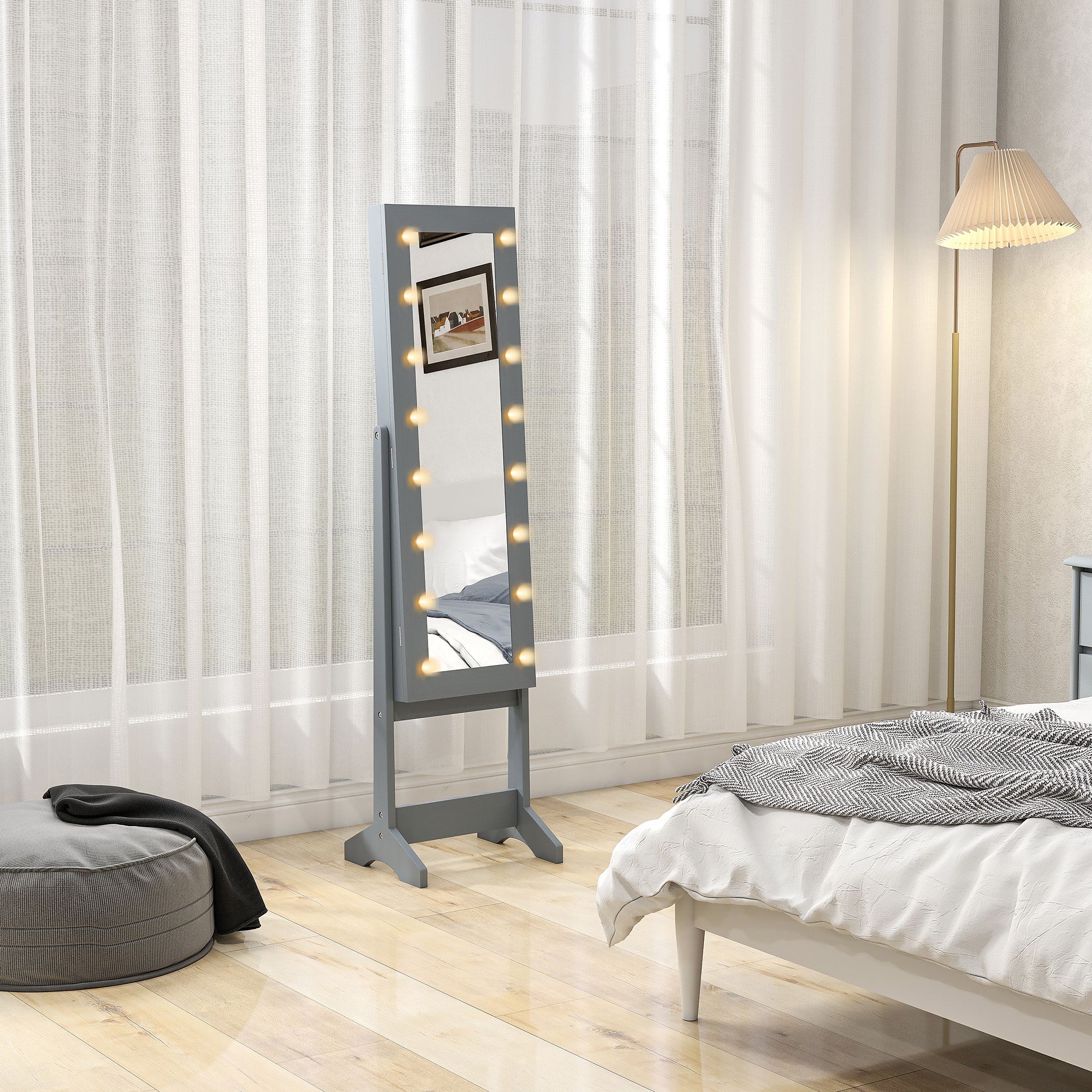 HOMCOM Free Standing Mirror Jewelry Cabinet with LED Lights, Jewellery Organiser with 3 Angle Adjustable, Full-Length Mirror with Storage for Earrings, Necklaces, Rings and Lipsticks, Grey