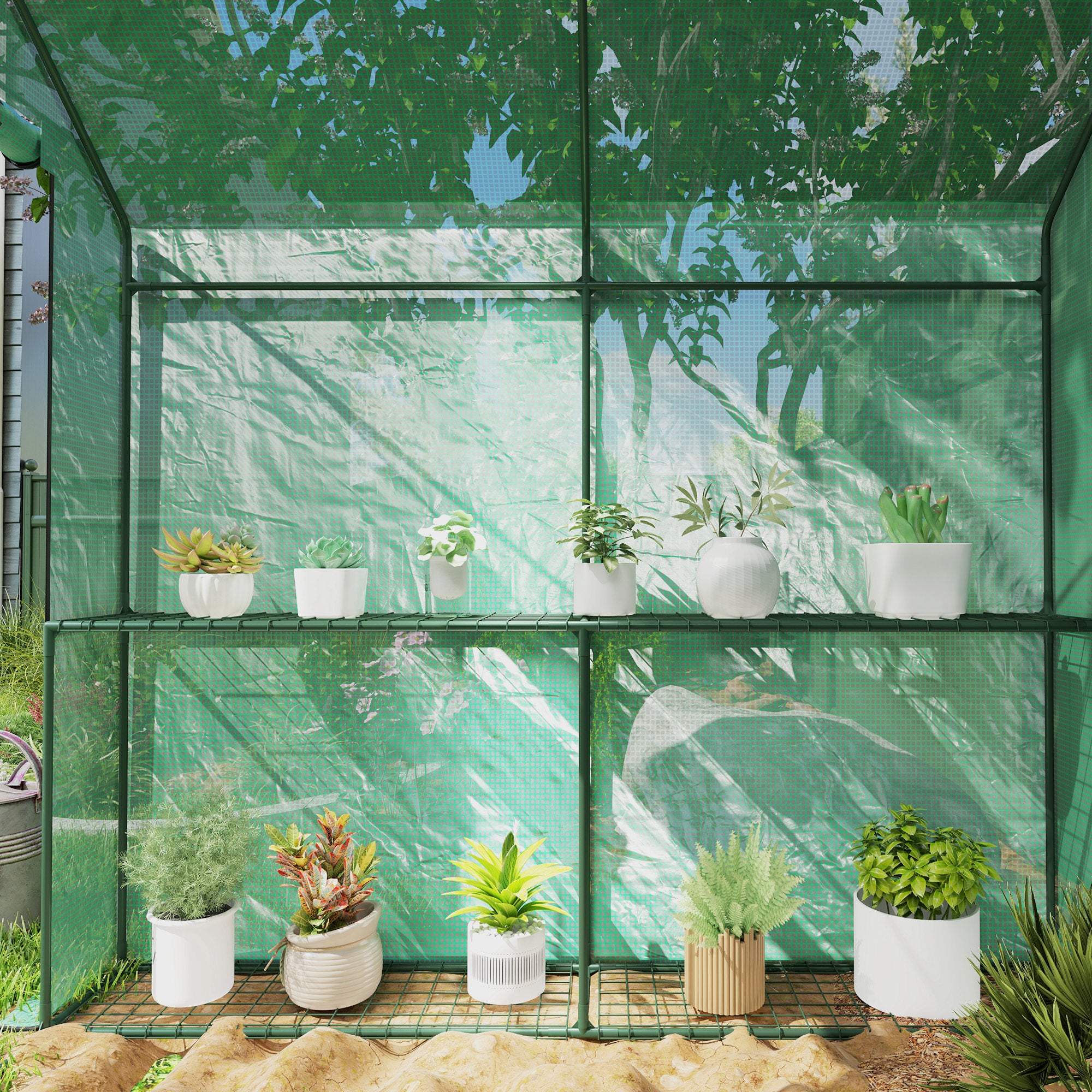 Outsunny 120 x 186cm Walk-In Greenhouse, with Shelves - Green - North Peak Garden Furniture