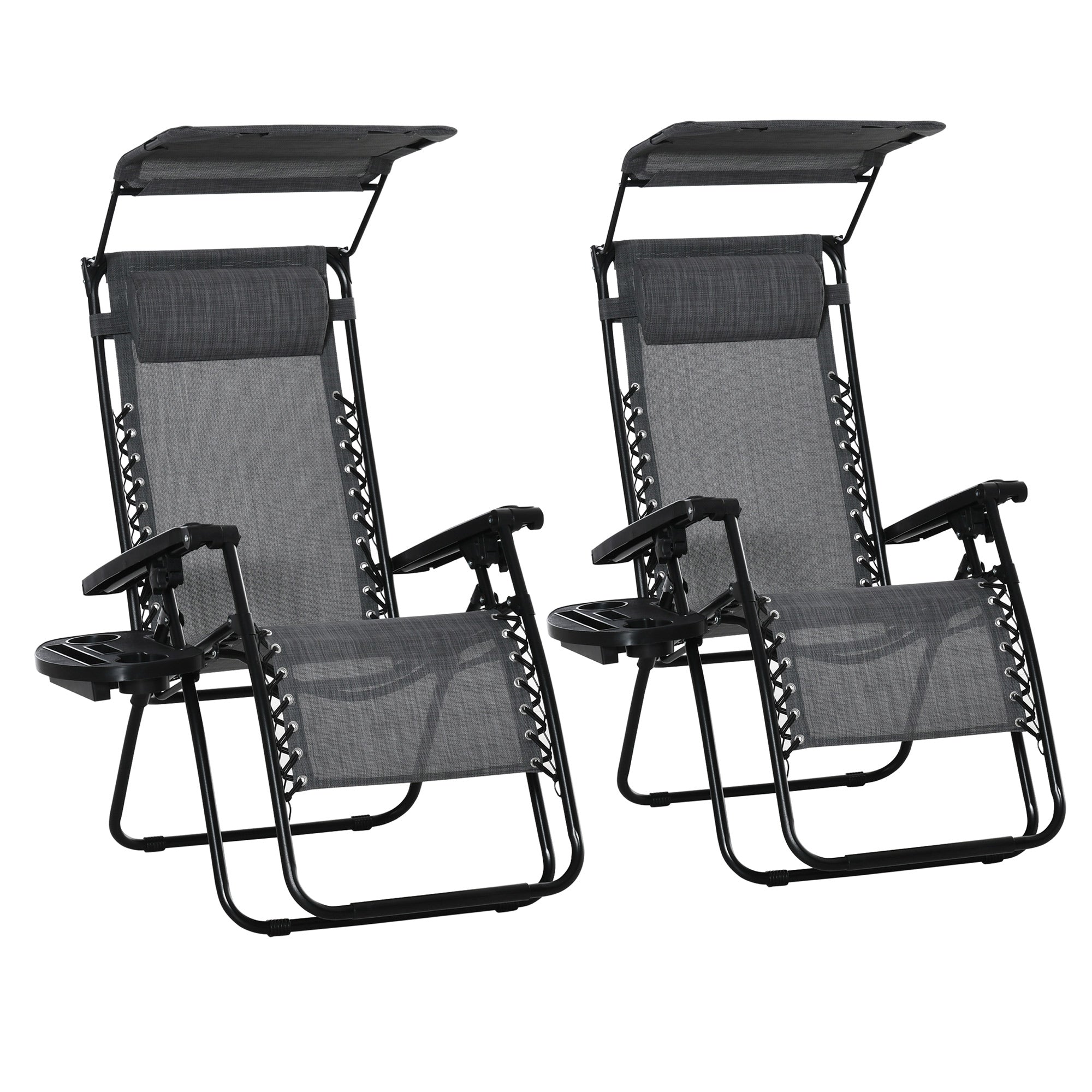 Outsunny 2 Piece Foldable Reclining Garden Chair with Headrest, Zero Gravity Deck Sun Lounger Seat Chair with Footrest, Armrest, Cup Holder & Canopy Shade, Light Grey - North Peak Garden Furniture