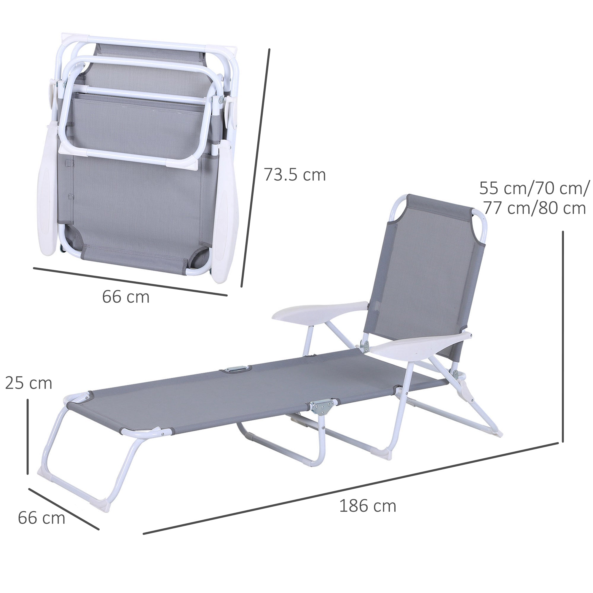 Outsunny Foldable Sun Lounger, Outdoor 4 Level Adjustable Backrest Reclining Lounge Chair with Armrests for Patio, Garden, Grey