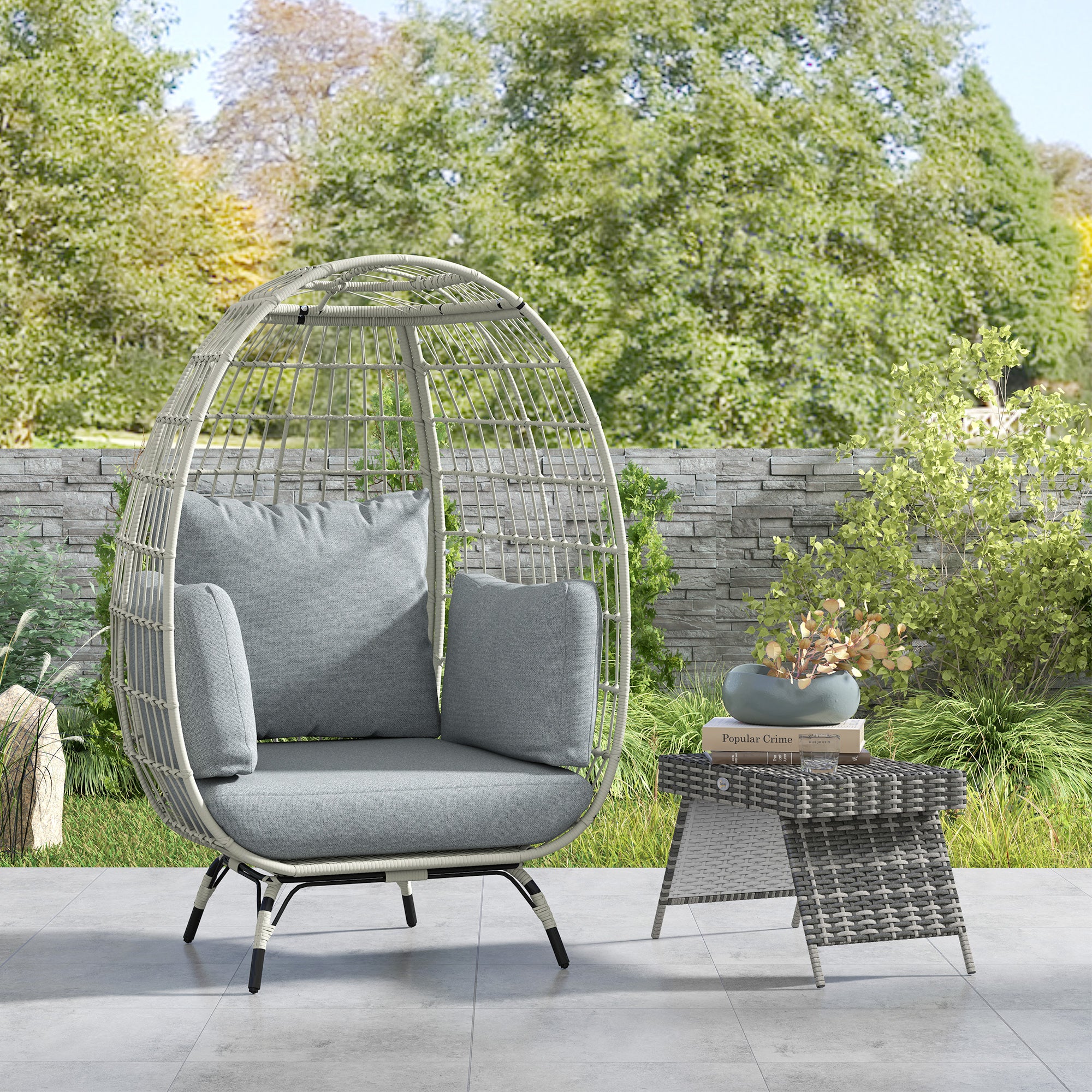 Outsunny Rattan Egg Chair with Cushions and Pillows, Charcoal Grey - North Peak Garden Furniture