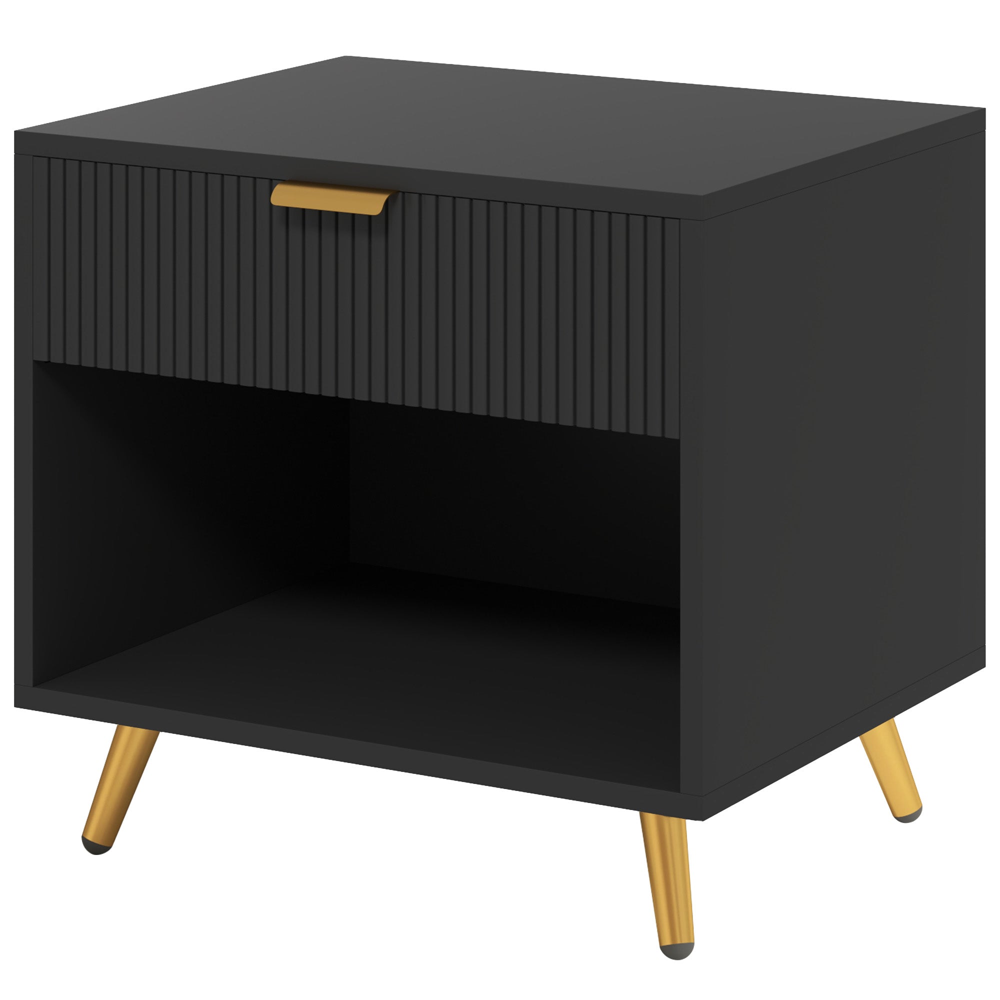 HOMCOM Elegant Bedside Table, with Drawer and Shelf - Black/Gold Tone - North Peak Garden Furniture