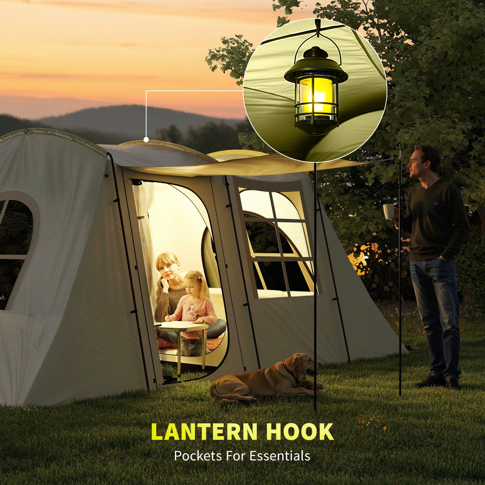 Outsunny 3-4 Man Tunnel Tent, Family Camping Tent with Porch, Bedroom and Living Area, Sewn in Groundsheet, 3000mm Waterproof, Portable with Bag for Hiking, Festival, Backpacking, Khaki