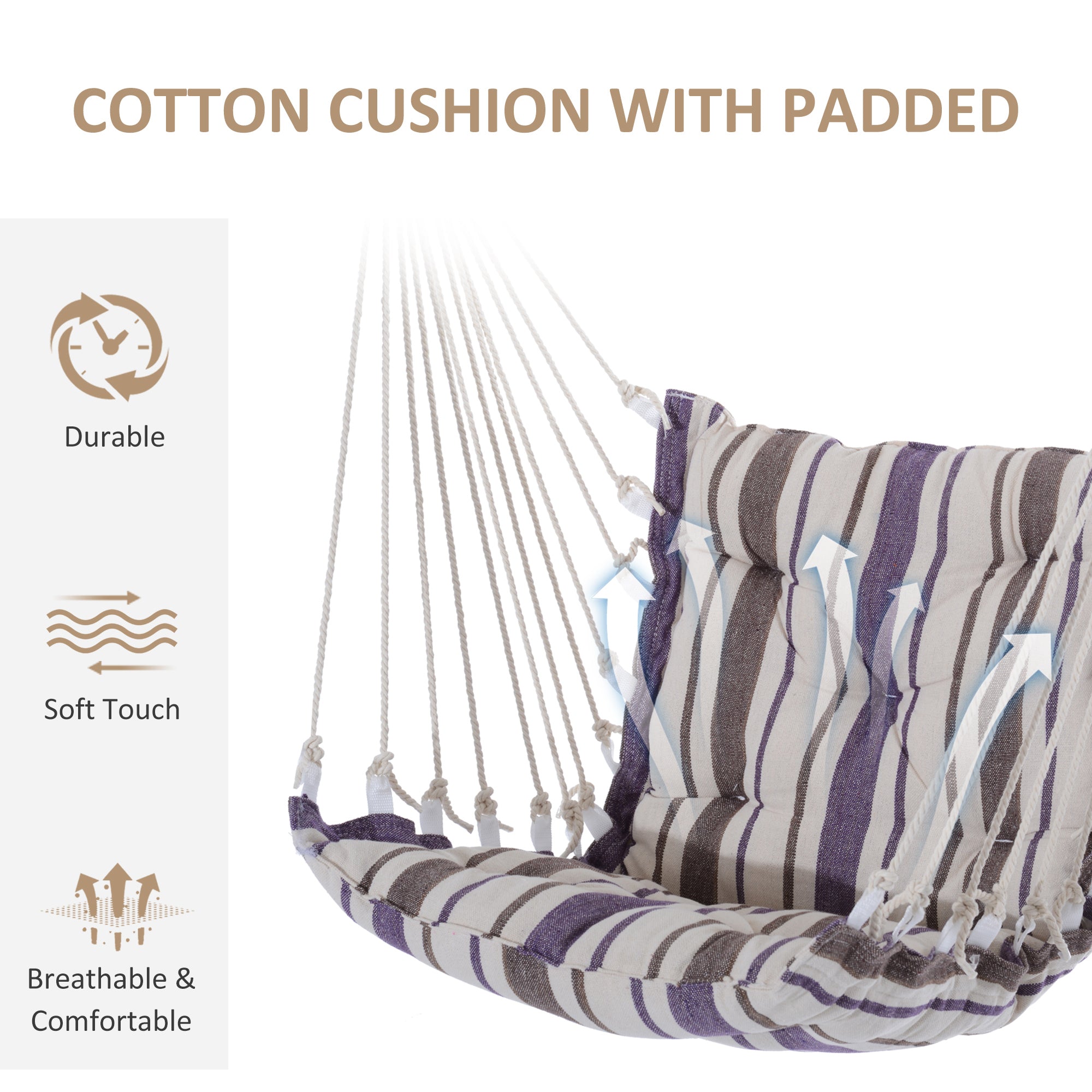 Outsunny Outdoor Hanging Rope Chair with Soft Padded Seat & Backrest, Garden Hammock Chair with Wooden Support Bar Cotton Cloth, Portable Garden Chair for Patio & Tree, Brown - North Peak Garden Furniture