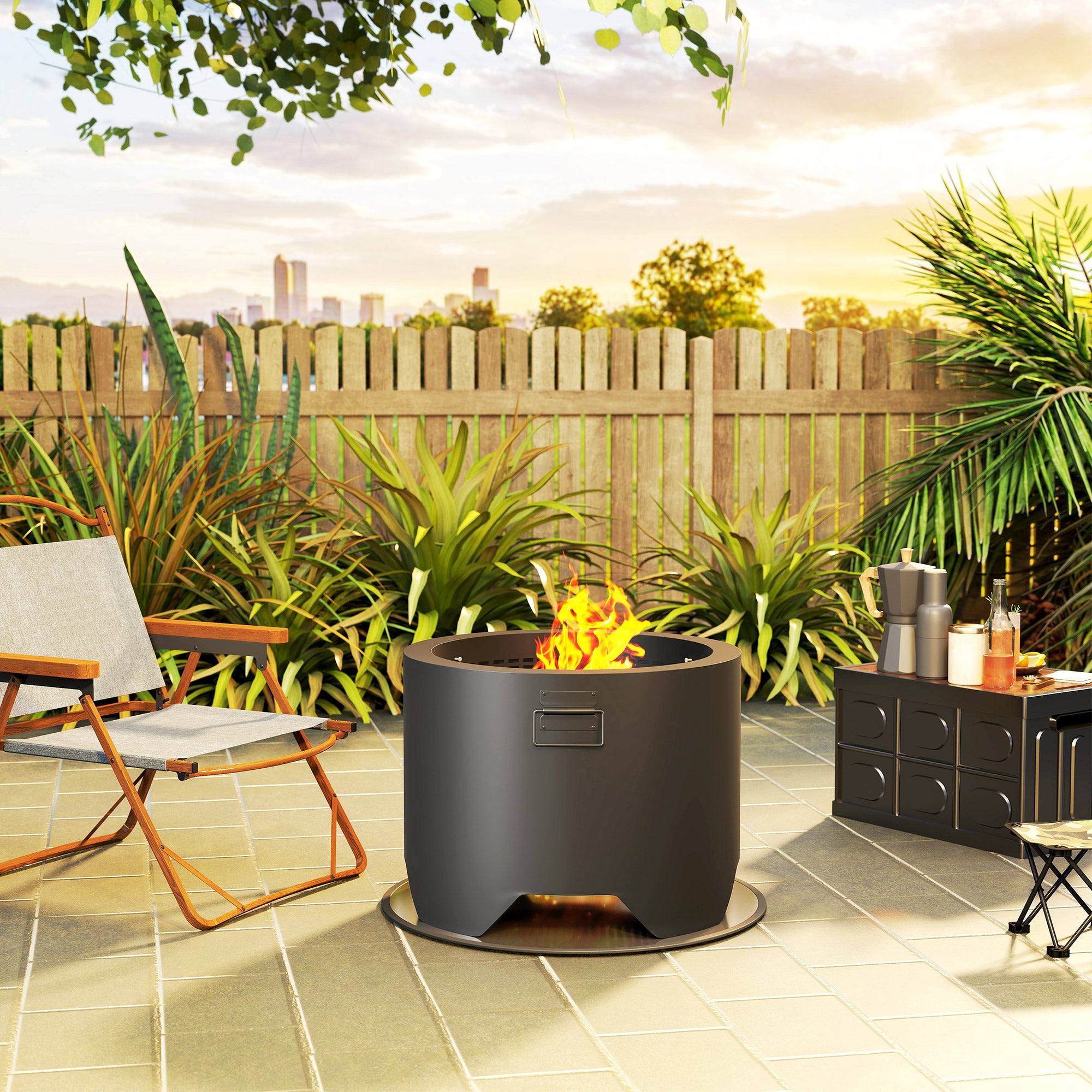 Outsunny Outdoor Round Fire Pit with Lid and Fire Poker - Black - North Peak Garden Furniture