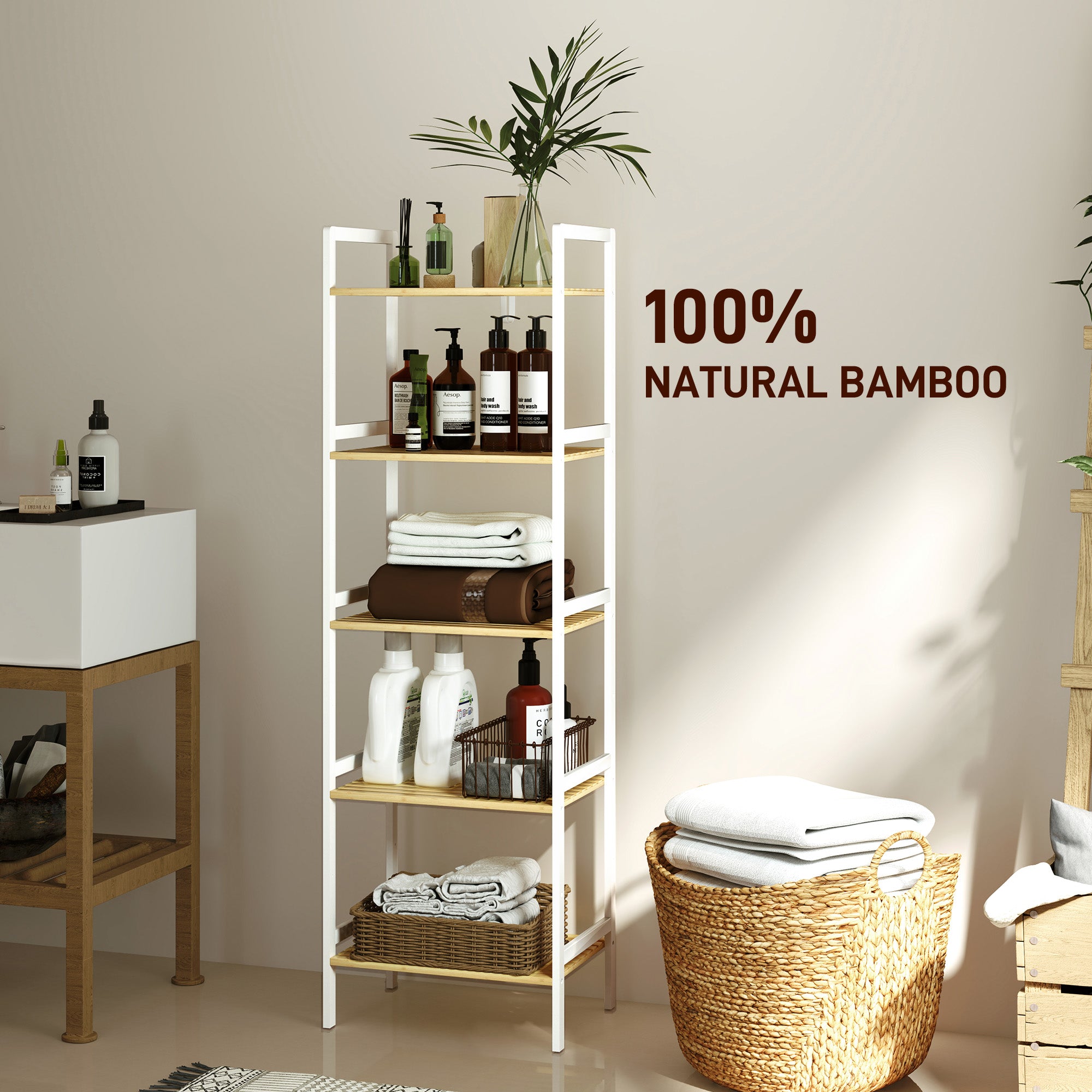 HOMCOM Five-Tier Bamboo Adjustable Shelf Storage Unit - North Peak Garden Furniture