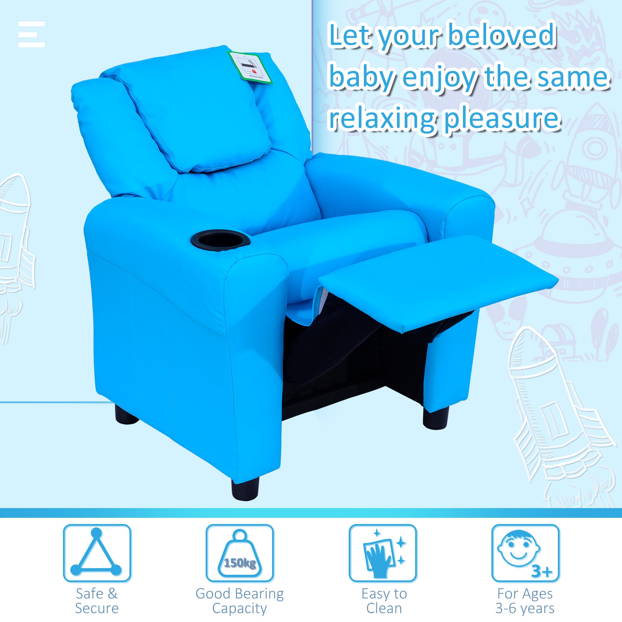HOMCOM Kids Recliner Chair, PU Leather with Adjustable Backrest, Footrest, Padded Headrest, Blue - North Peak Garden Furniture