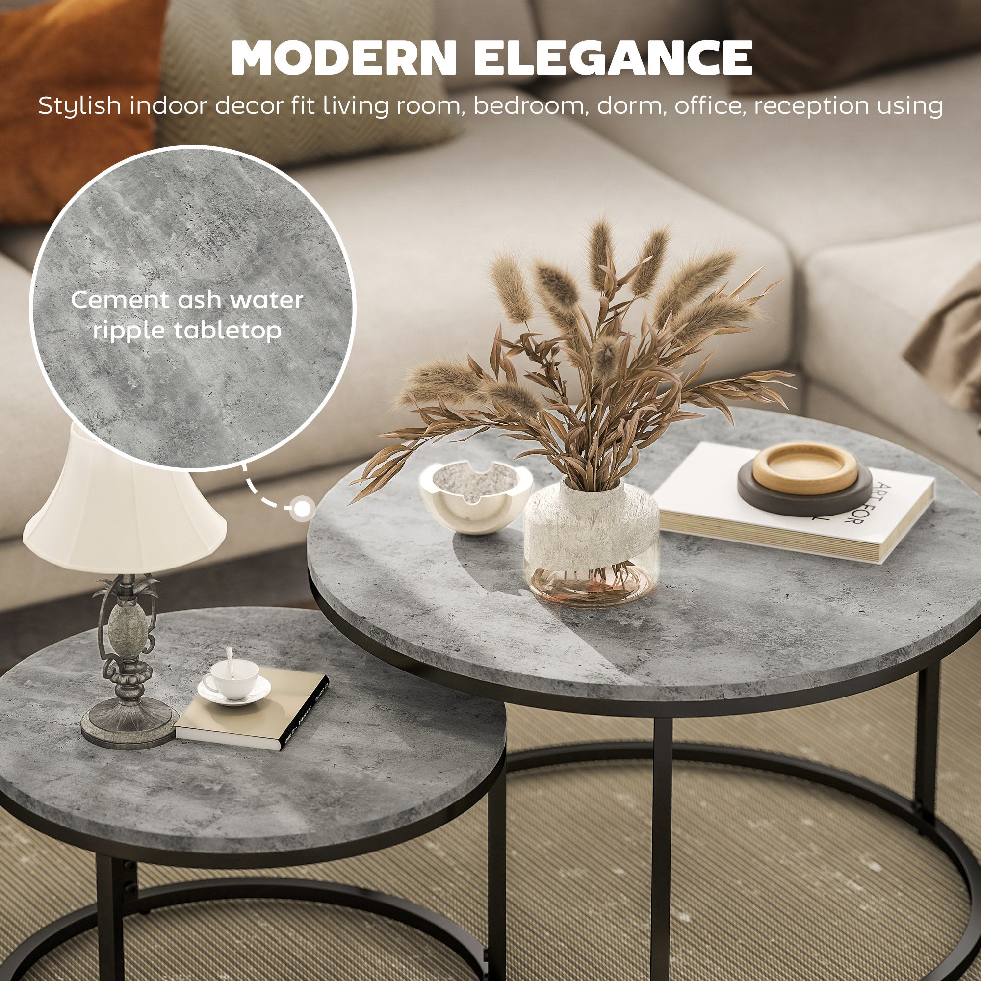 HOMCOM Set of Two Marble-Effect Stacking Tables - Grey/Black - North Peak Garden Furniture