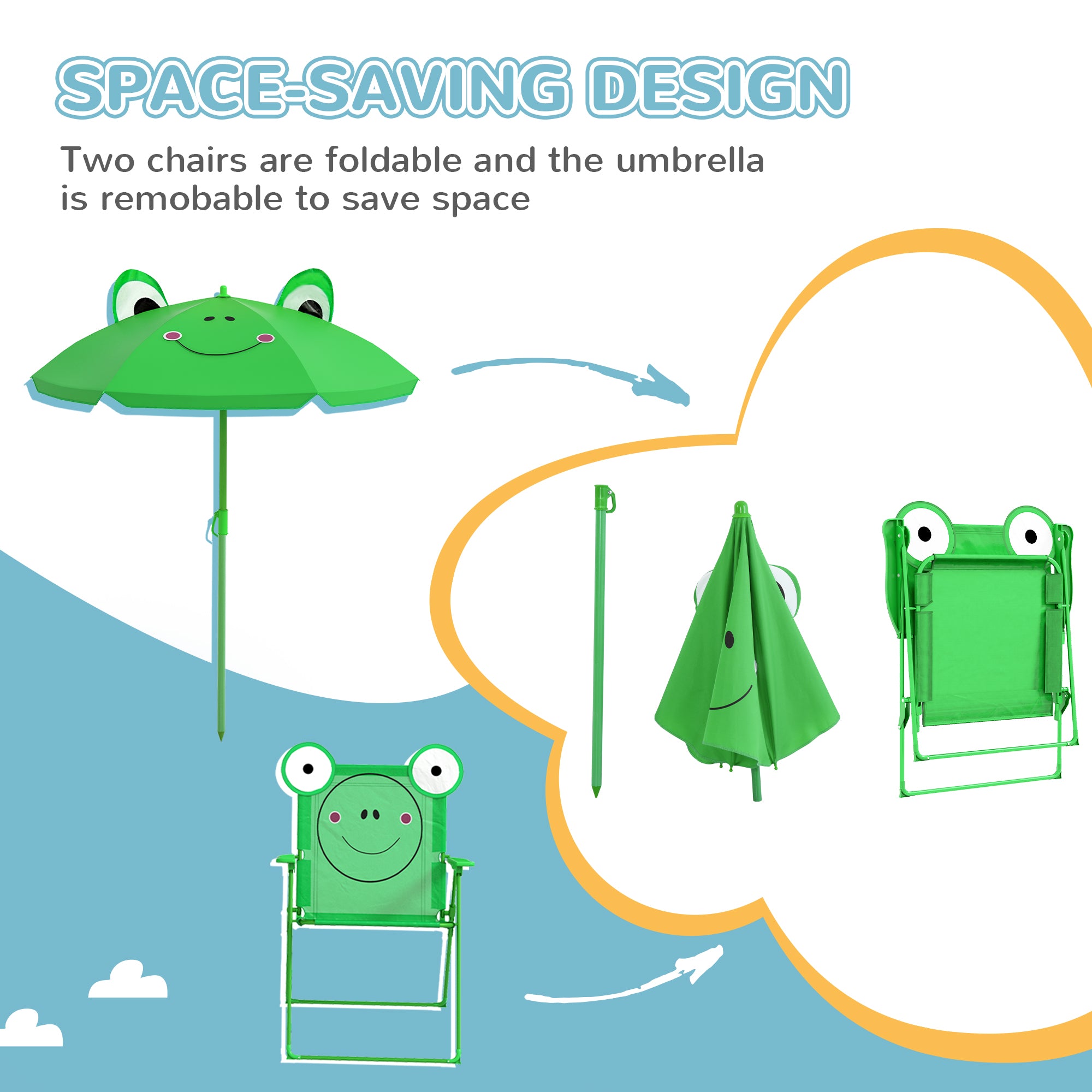 Outsunny Kids Outdoor Table and Chairs Garden Furniture Frog Pattern with Removable & Height Adjustable Sun Umbrella, Green