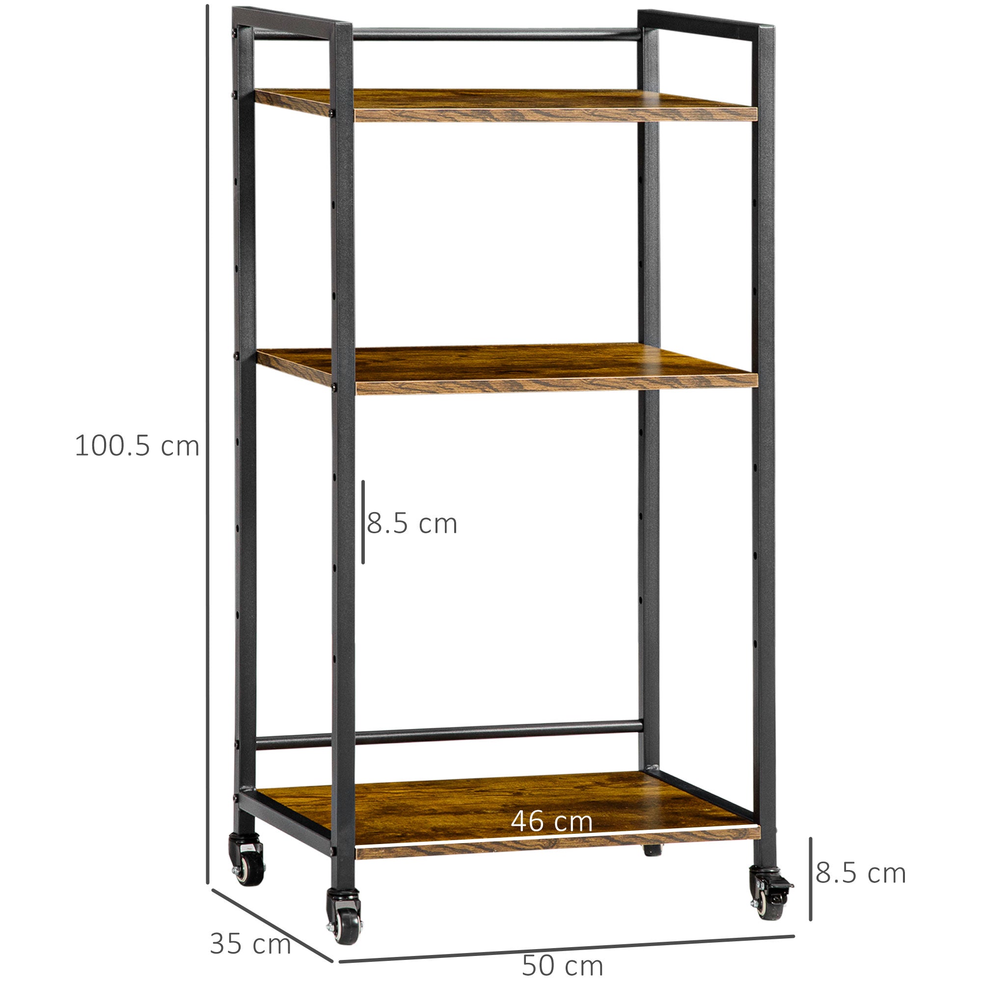 HOMCOM 3-Tier Printer Stand, Utility Cart, Rolling Trolley with Adjustable Shelves with Lockable Wheels for Home Office, Rustic Brown - North Peak Garden Furniture