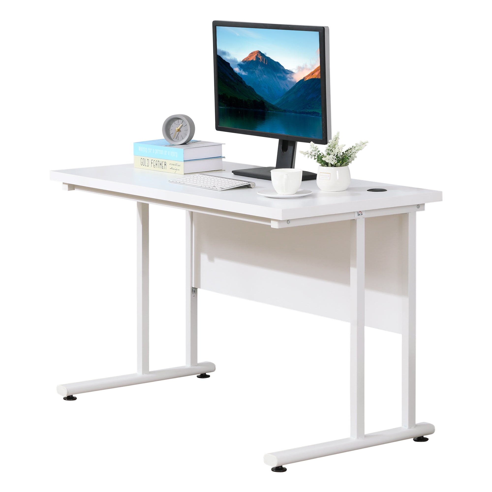 HOMCOM Computer Desk, Home Office Desk, Writing Table, 120x60x75cm Laptop Workstation with 2 Cable Management Holes, C Shaped Metal Legs for Adults, White - North Peak Garden Furniture