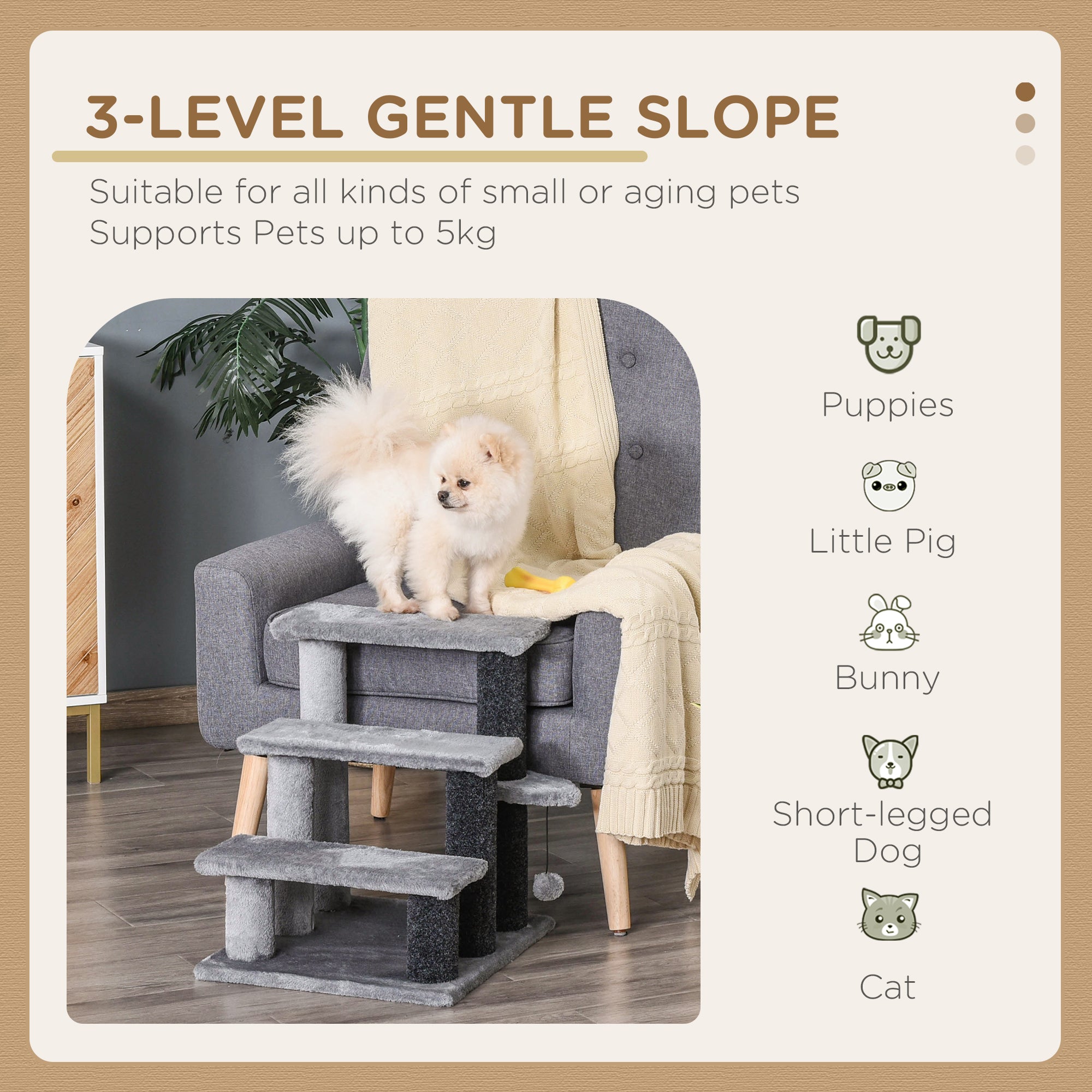 PawHut 3-step Pet Stairs with Scratching Posts, Platforms, Toy Ball, Grey - North Peak Garden Furniture