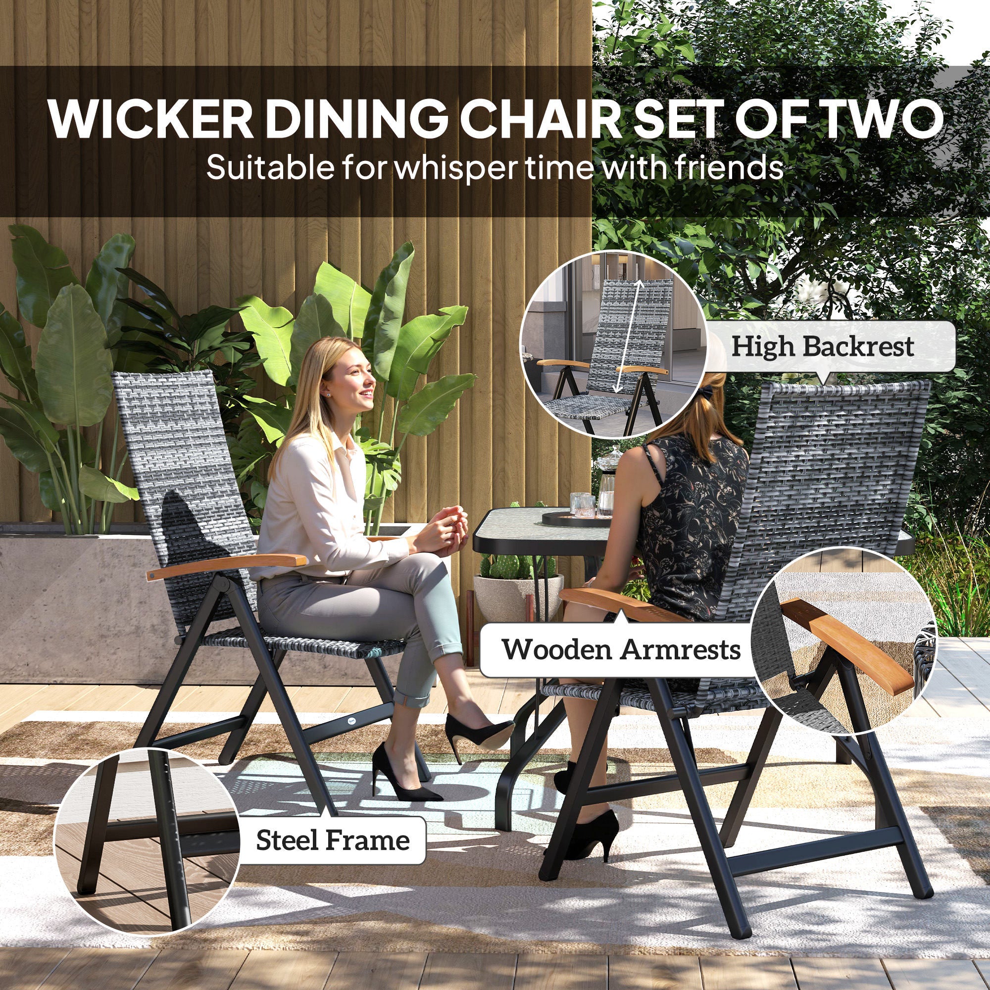 Outsunny 2 Pieces Outdoor Foldable Dining Chair with Armrests, High Backrest, for Garden, Camping, Balcony, Light Grey - North Peak Garden Furniture