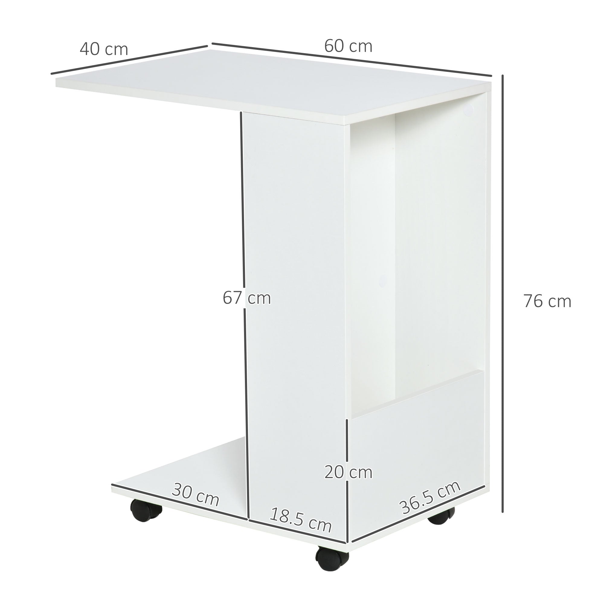 HOMCOM Mobile Sofa Side Table C-Shape End Table with Storage and Casters for Laptop Coffee Snack, White - North Peak Garden Furniture