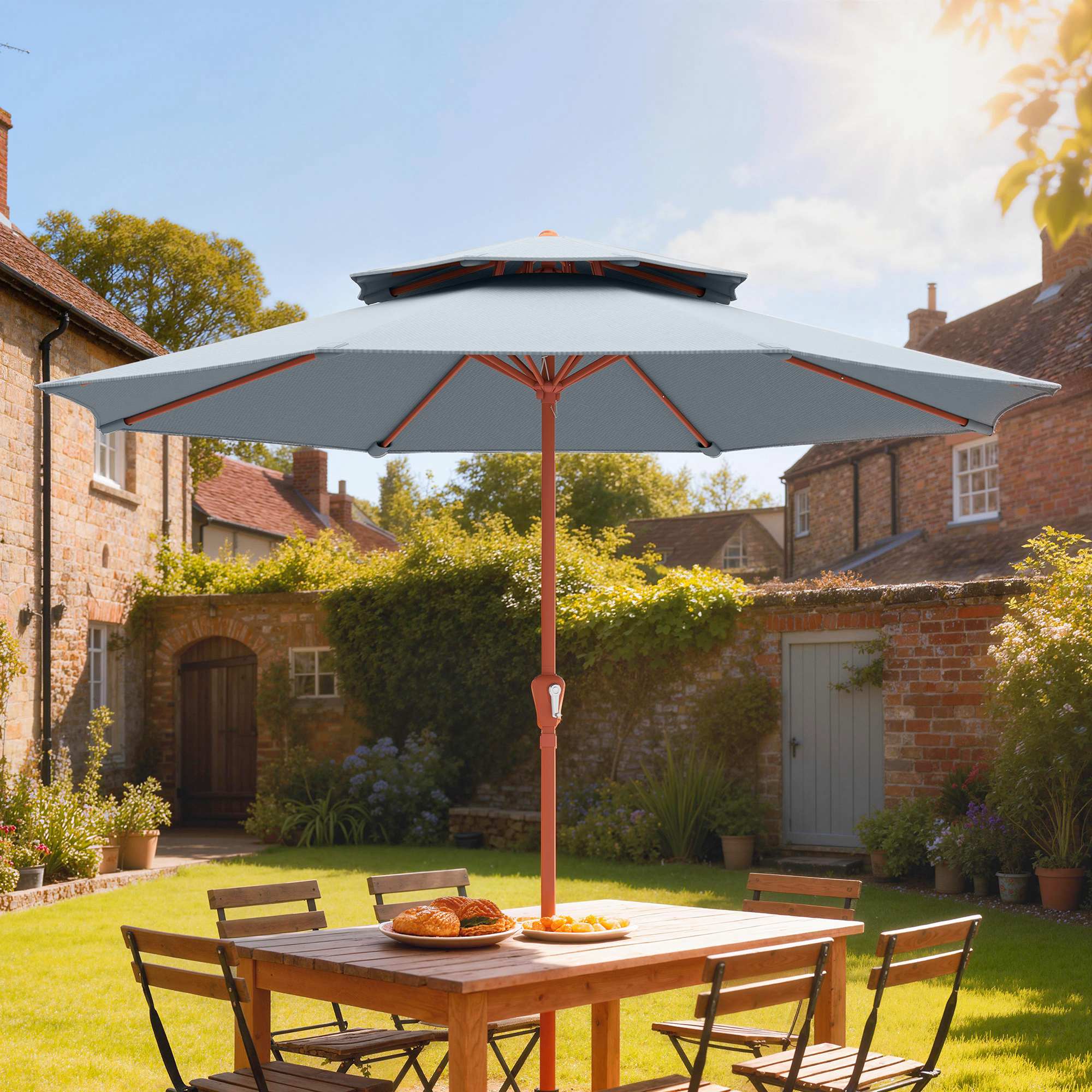 Outsunny 2.7 m Garden Parasol with Double Top Outdoor Market Table Umbrella with Crank System, Light Grey