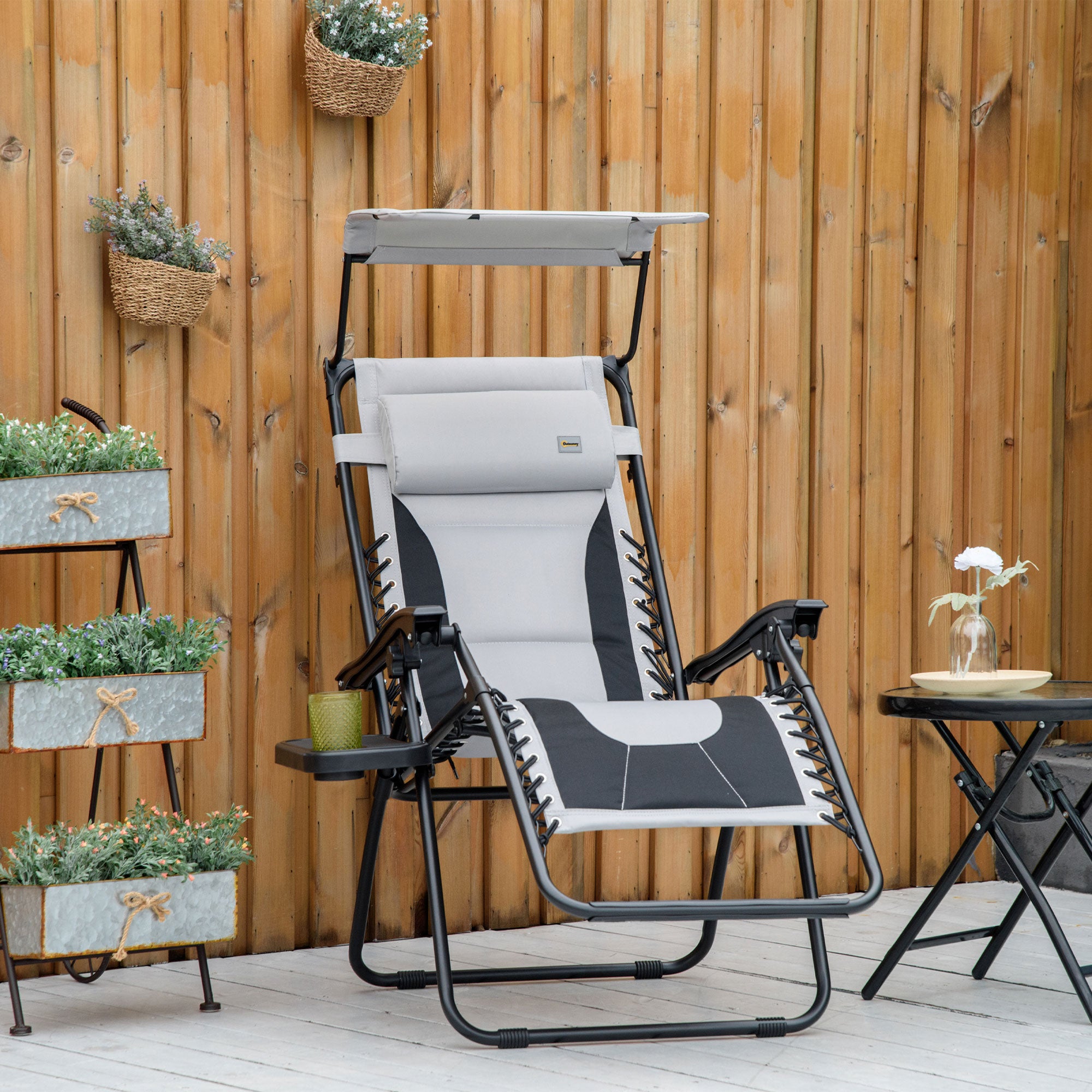 Outsunny Zero Gravity Lounger Chair, Folding Reclining Patio Chair with Shade Cover, Cup Holder, Soft Cushion and Headrest for Poolside, Camping, Grey - North Peak Garden Furniture