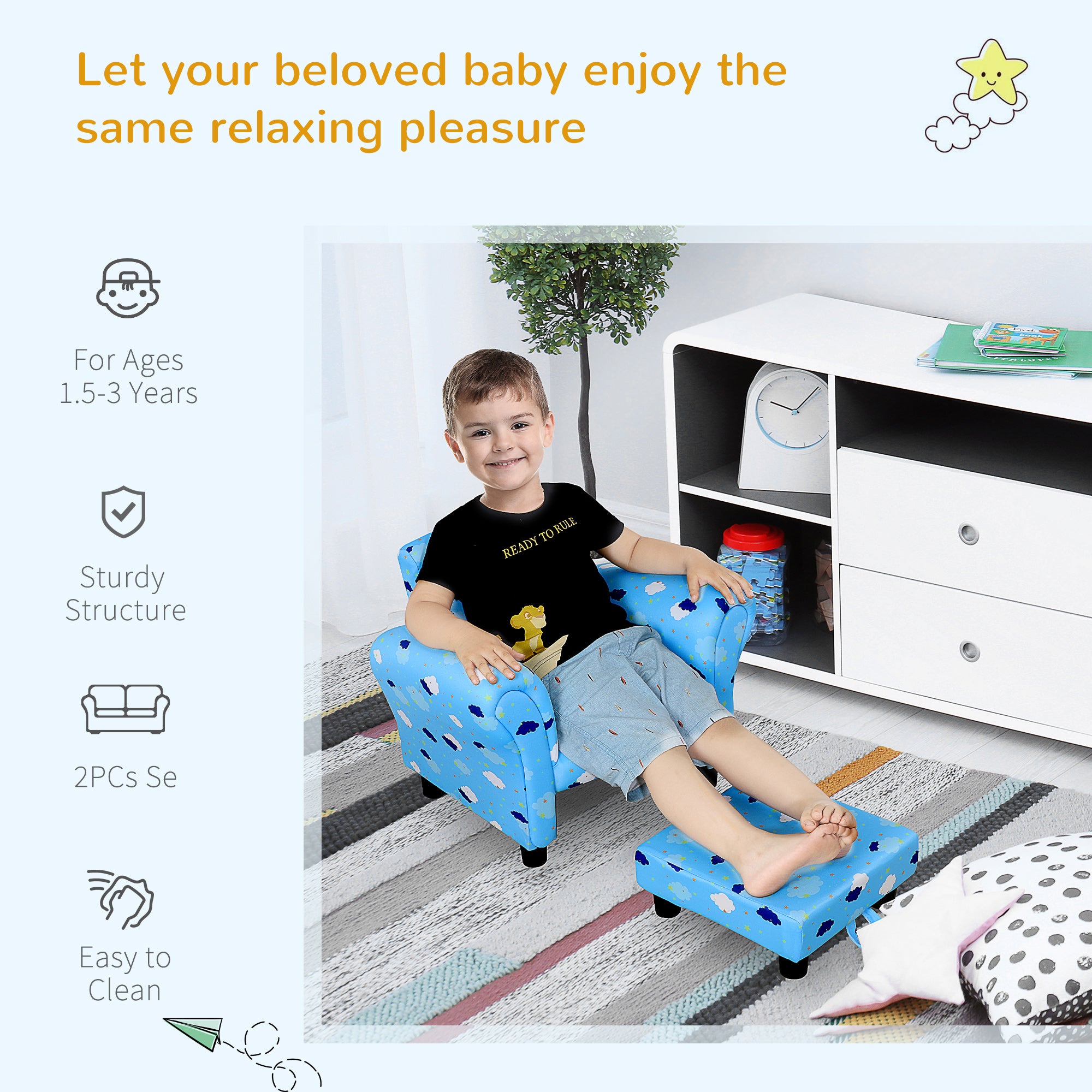 HOMCOM Toddler Chair Children's Armchairs Wood Frame w/ Footrest Anti-Slip Legs High Back Arms for Bedroom Playroom Cute Cloud Star Blue - North Peak Garden Furniture