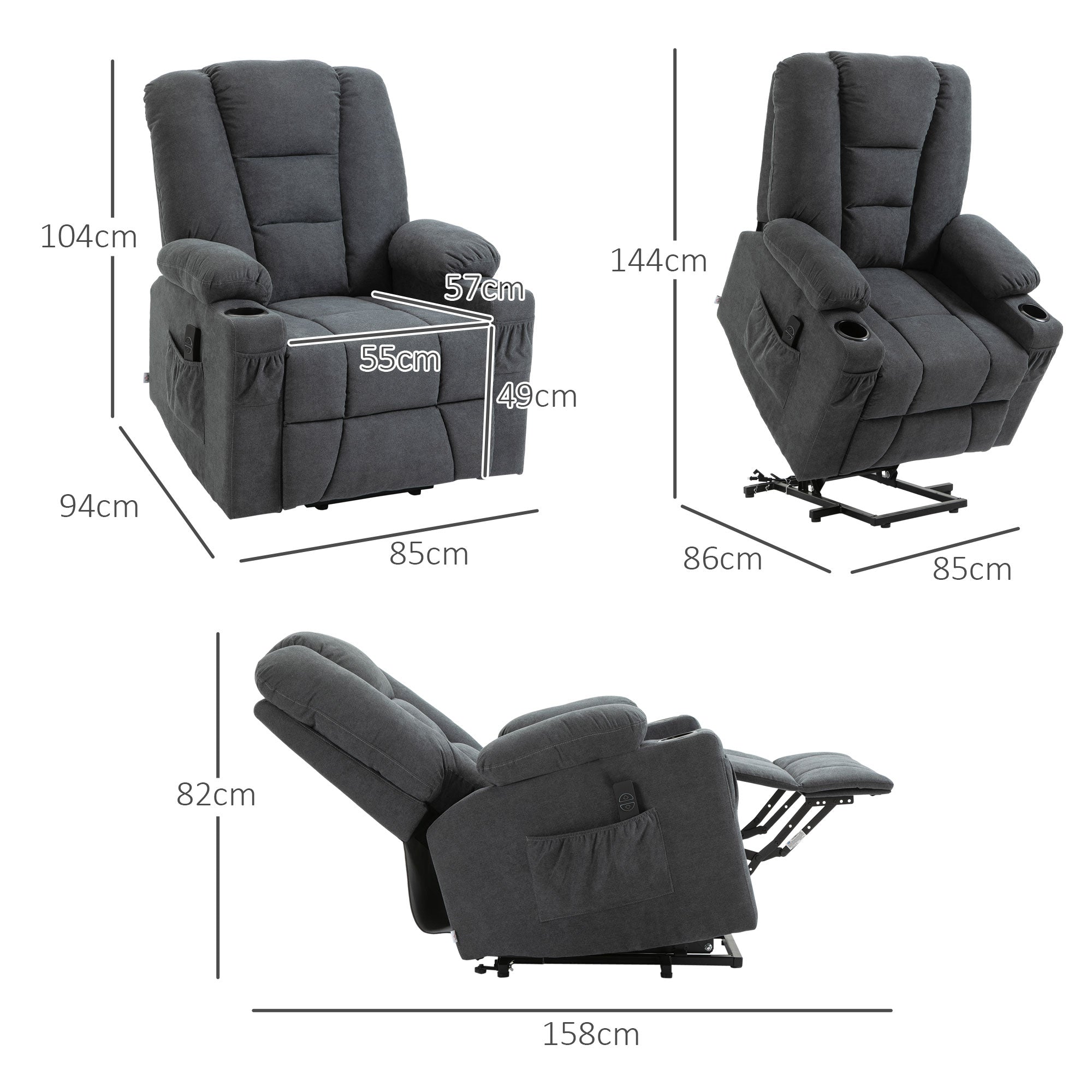 HOMCOM Oversized Riser and Recliner Chairs for the Elderly, Fabric Upholstered Lift Chair for Living Room with Remote Control, Side Pockets, Cup Holder, Charcoal Grey - North Peak Garden Furniture