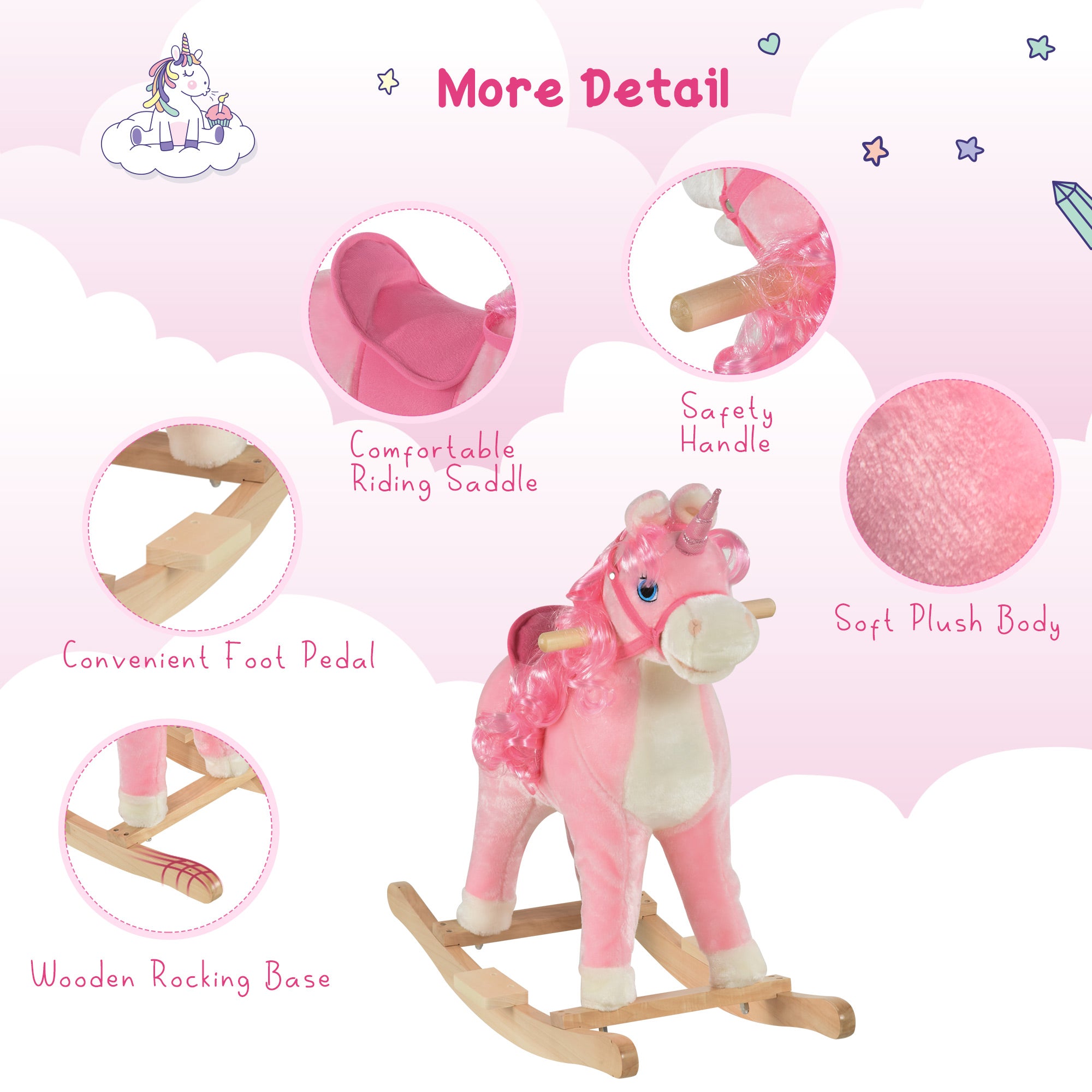 HOMCOM Kids Plush Rocking Horse Ride On Unicorn w/ Sound Moving Mouth Wagging Tail Children Rocker Toy Gift 3-6 Years Pink - North Peak Garden Furniture