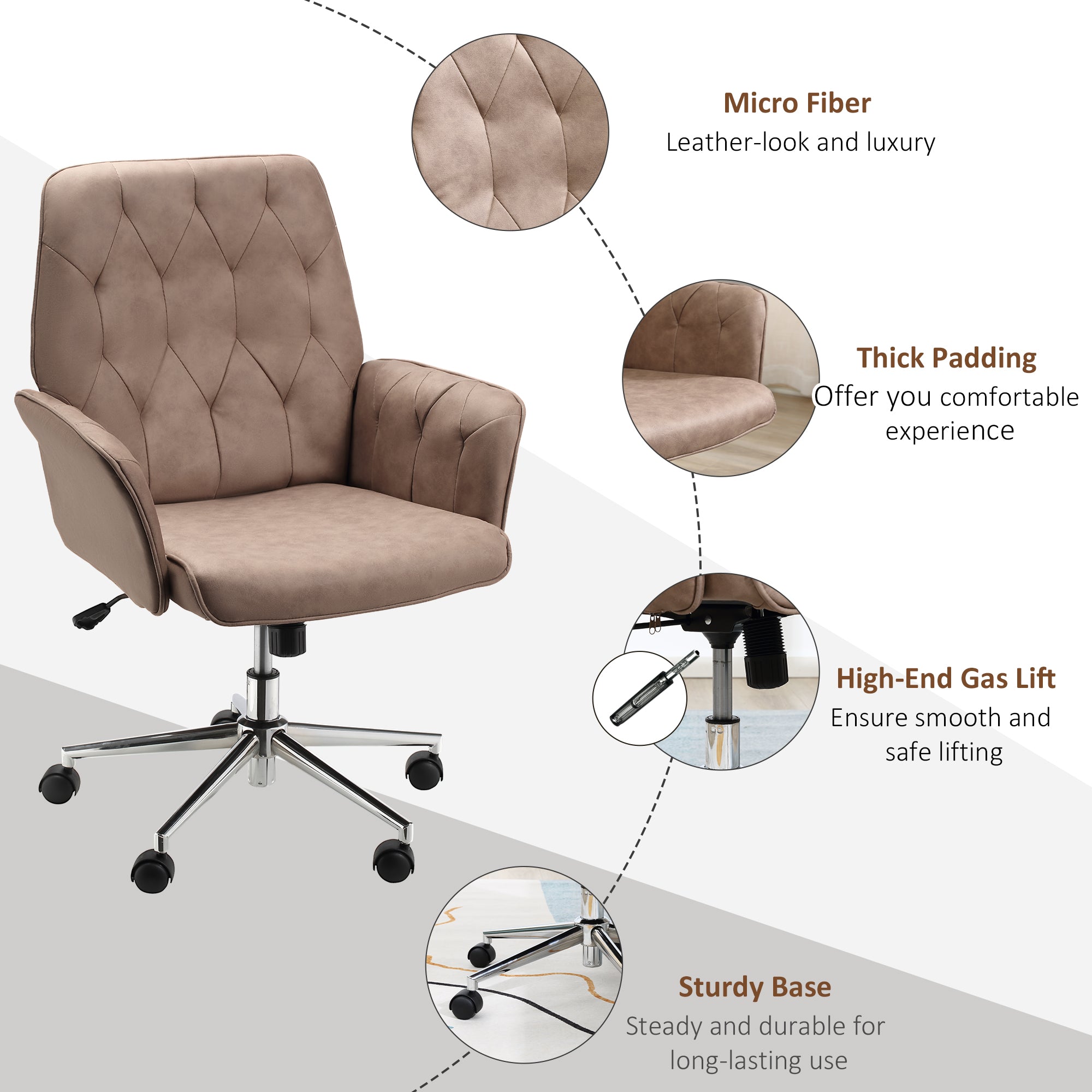 Vinsetto Office Desk Chair, Microfibre Vanity Chair with Height Adjustable, Armrest, Swivel Chair for Home, Coffee - North Peak Garden Furniture