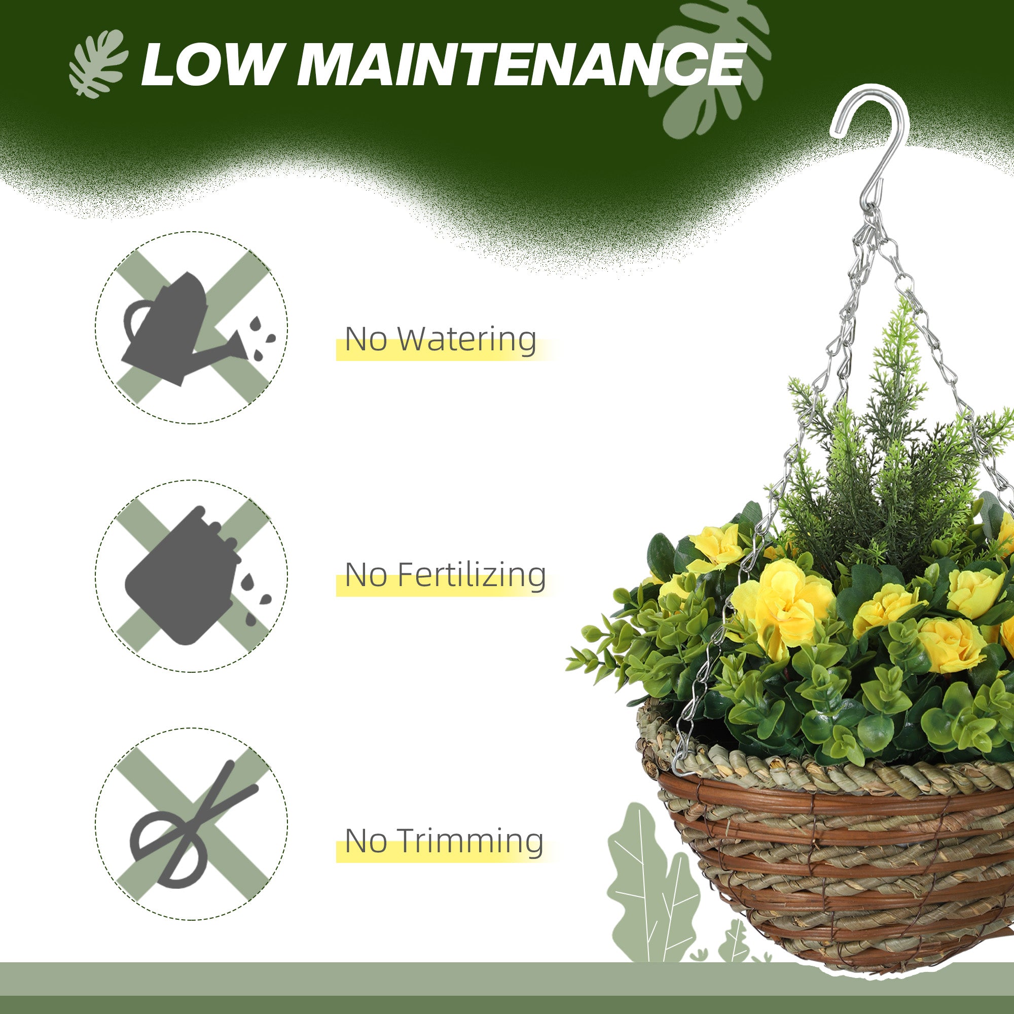 Outsunny Pack of 2 Faux Plant Artificial Lisianthus Flowers Hanging Planter with Basket for Indoor Outdoor Decoration, Yellow - North Peak Garden Furniture