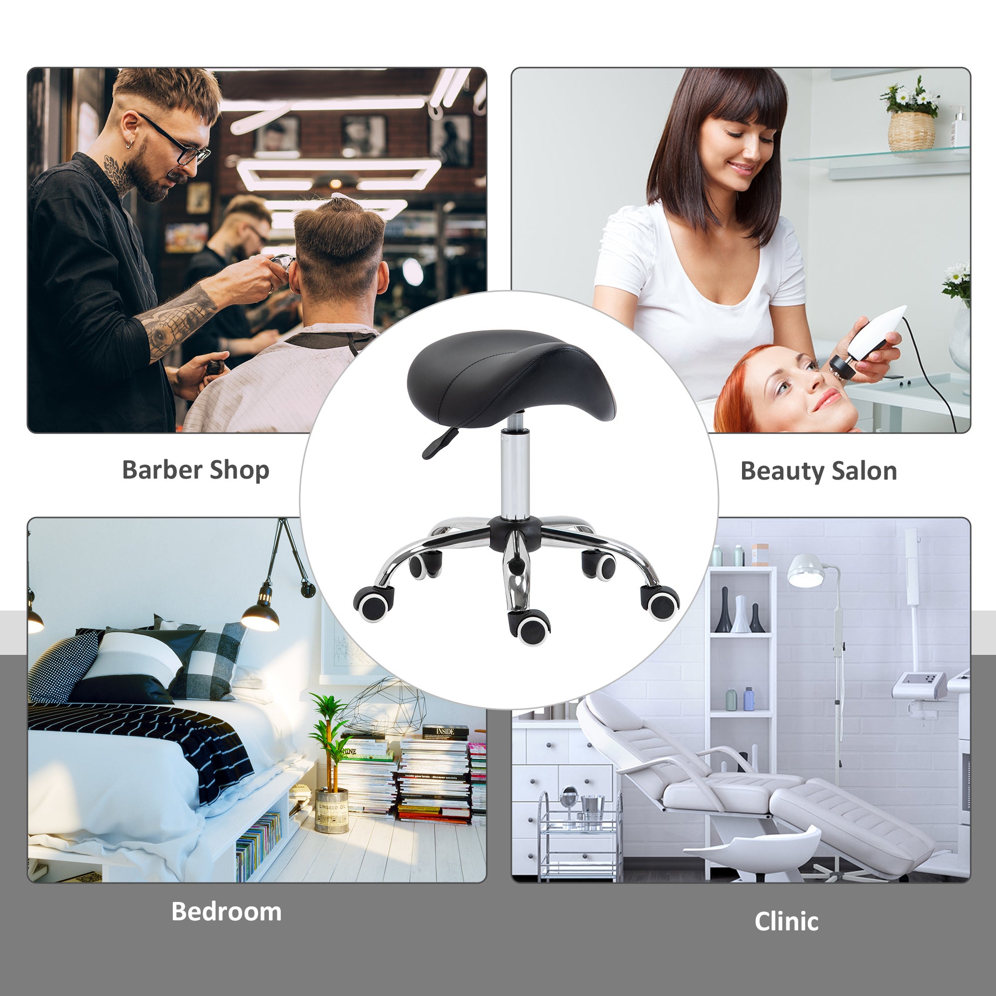 HOMCOM Cosmetic Stool 360° Rotate Height Adjustable Salon Massage Spa Chair Hydraulic Rolling Faux Leather Saddle Stool Mobility, Black - North Peak Garden Furniture