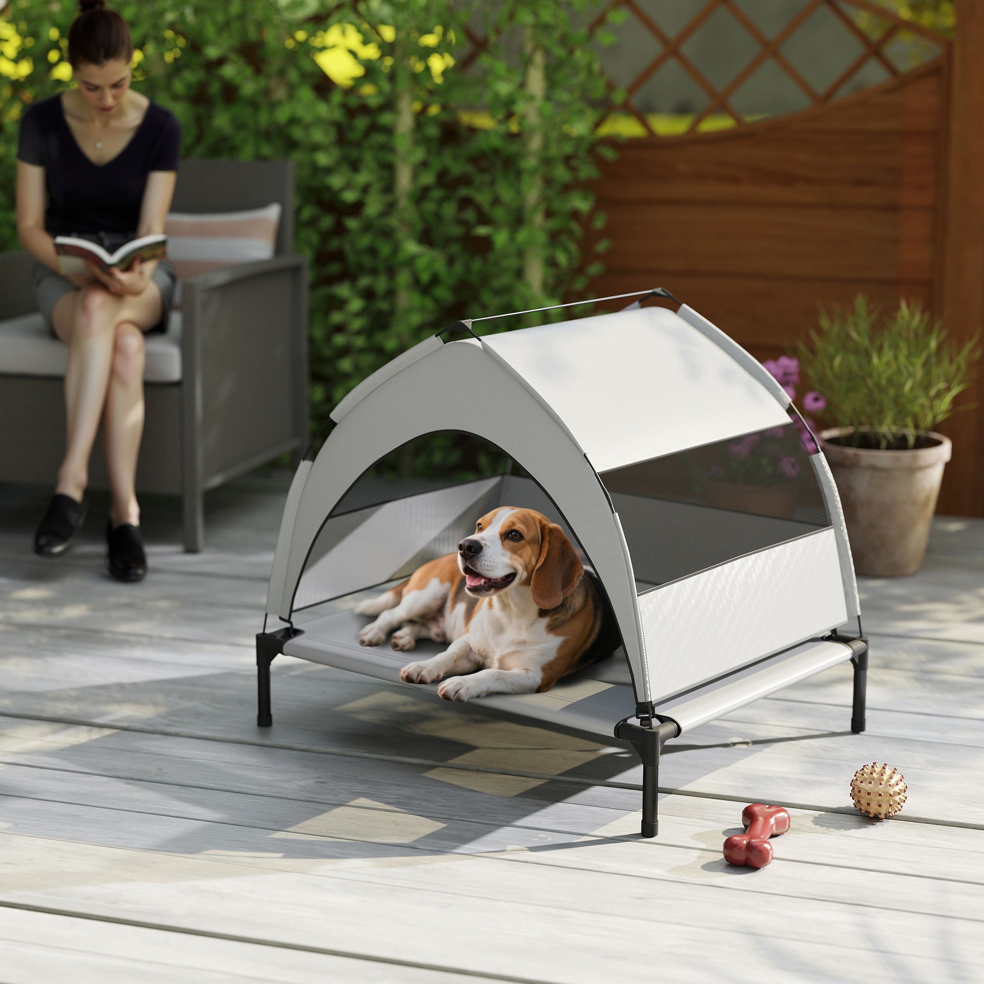 PawHut Portable Elevated Dog Bed with Removable Canopy, Cooling Raised Pet Cot for Small Medium Dogs, 76 x 61 x 60 cm - North Peak Garden Furniture