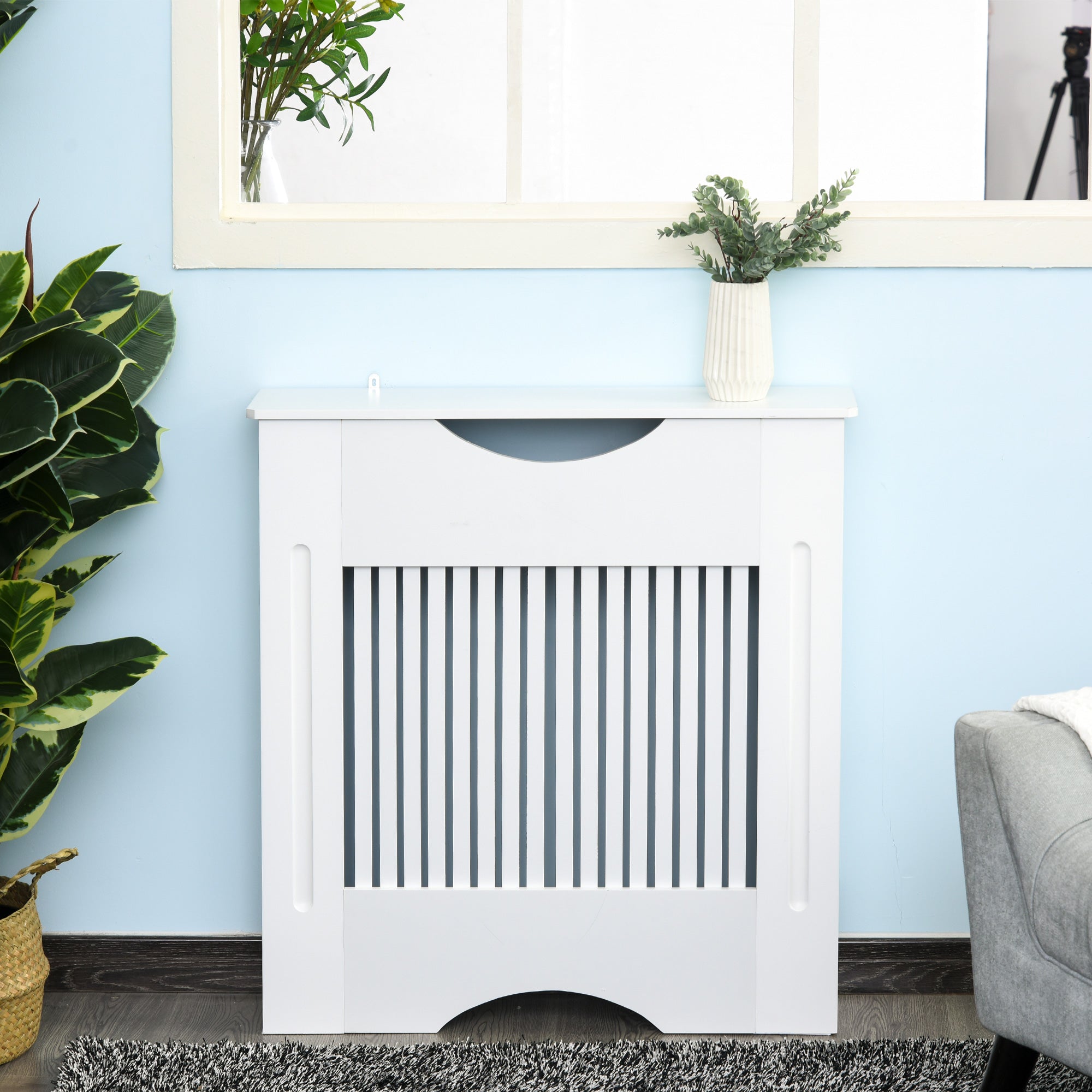 HOMCOM Painted MDF Radiator Cover Heater Cabinet Modern Slatted Home Furniture Living Room Bedroom Worktop White 82H x 78W x 19D