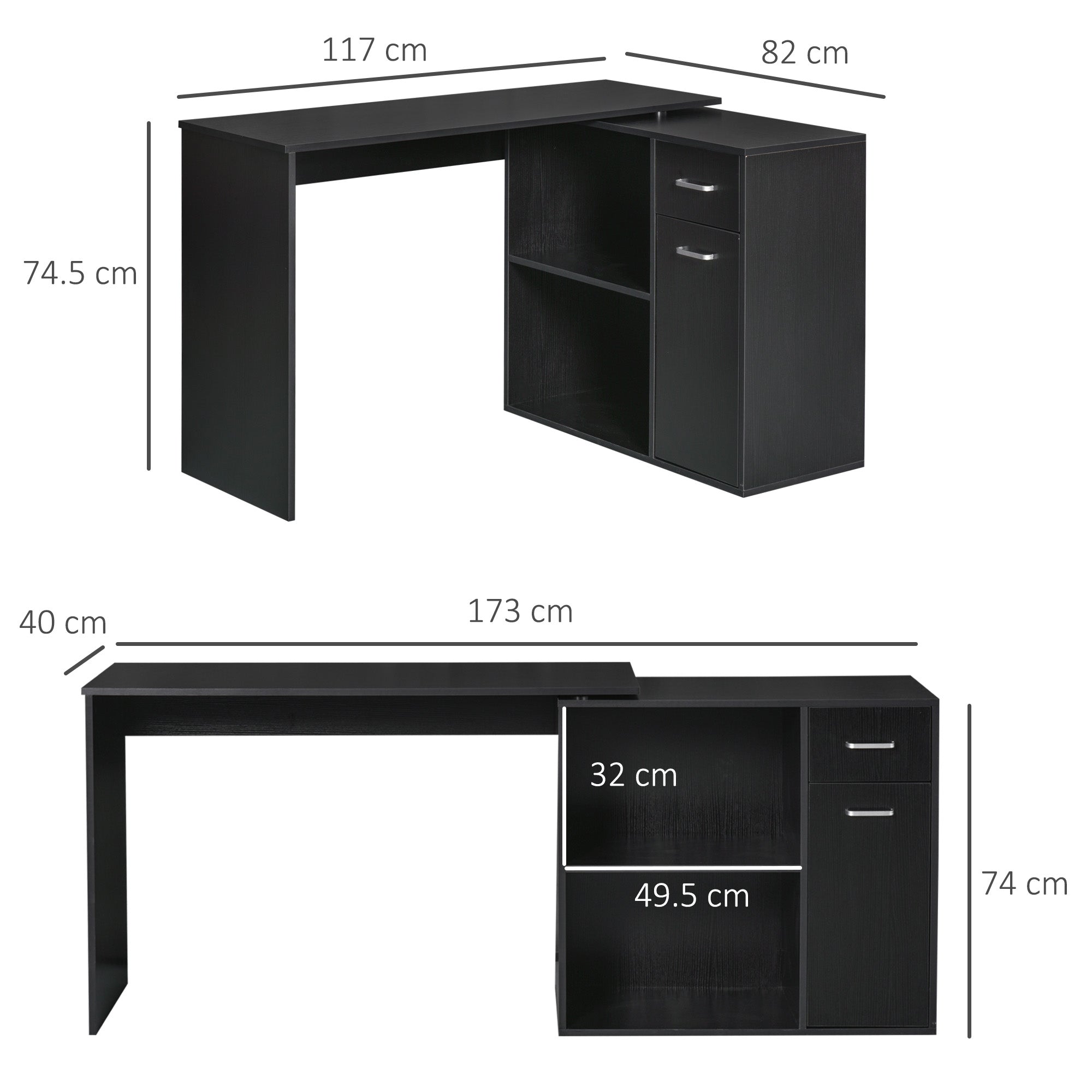 HOMCOM L-Shaped Desk, Corner Computer Desk, Adjustable Study Table with Storage Shelf, Drawer and Cabinet, Workstation for Home Office, Black Wood Grain - North Peak Garden Furniture