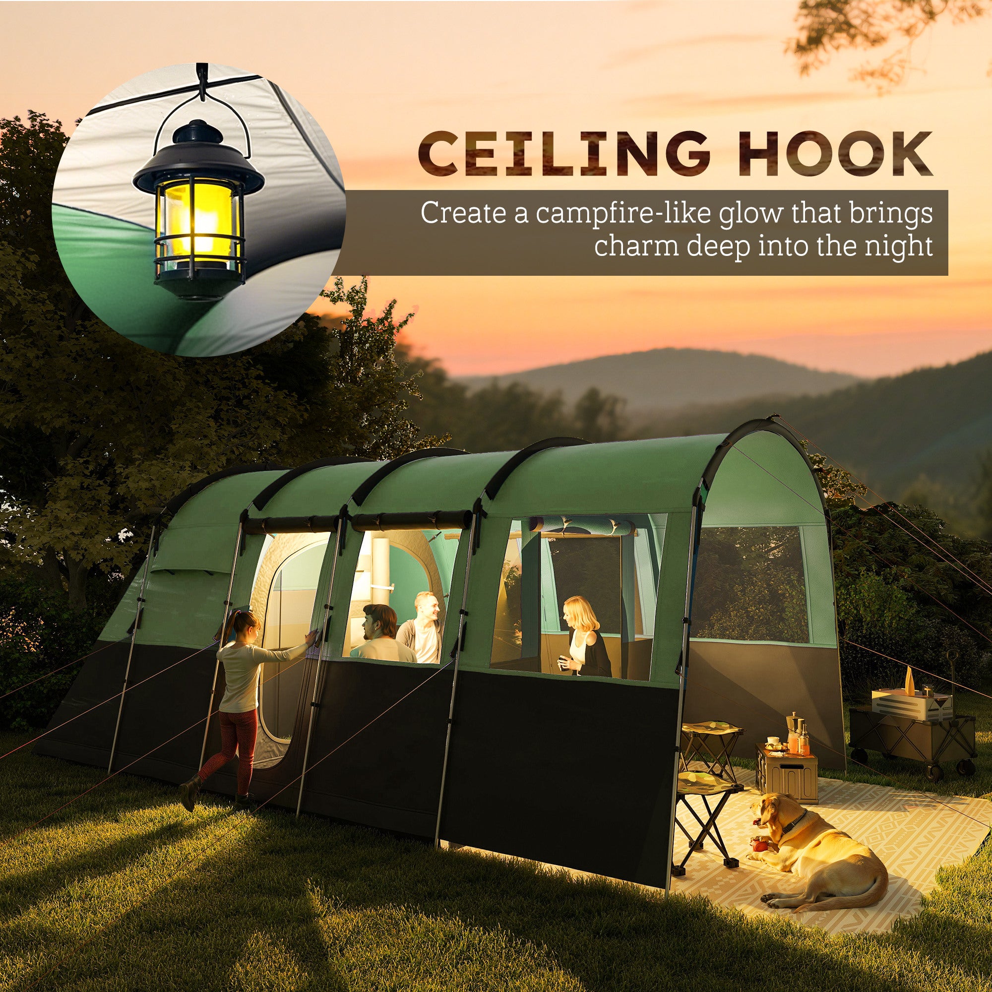 Outsunny 8-Person Camping Tent, Waterproof Family Tent, Tunnel Design, 4 Large Windows, Sleeping Cabins 3000mm Water Column Green - North Peak Garden Furniture