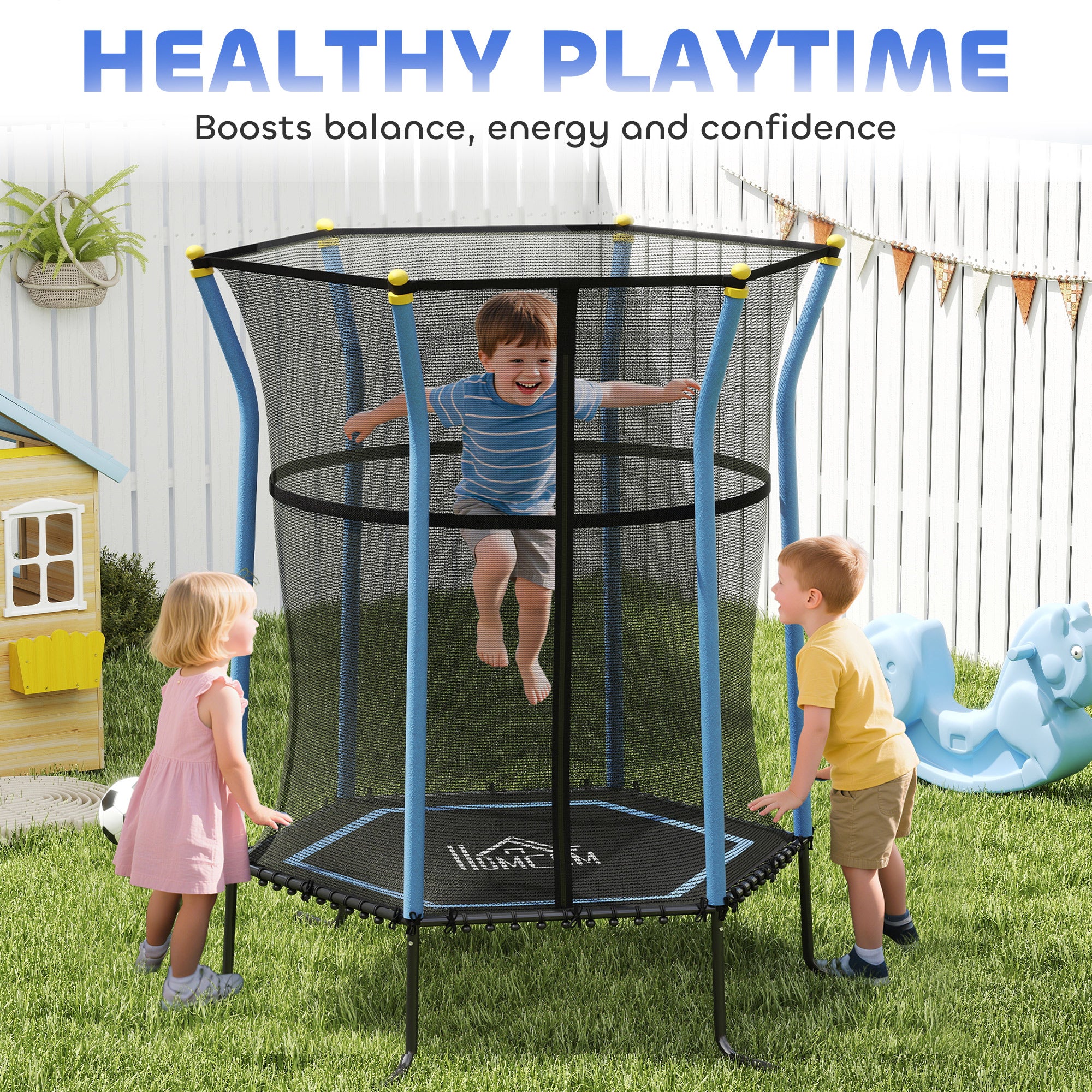 HOMCOM Kids Trampoline Mini Bouncer with Enclosure Safety Net For Ages 3-10 Years - Blue
