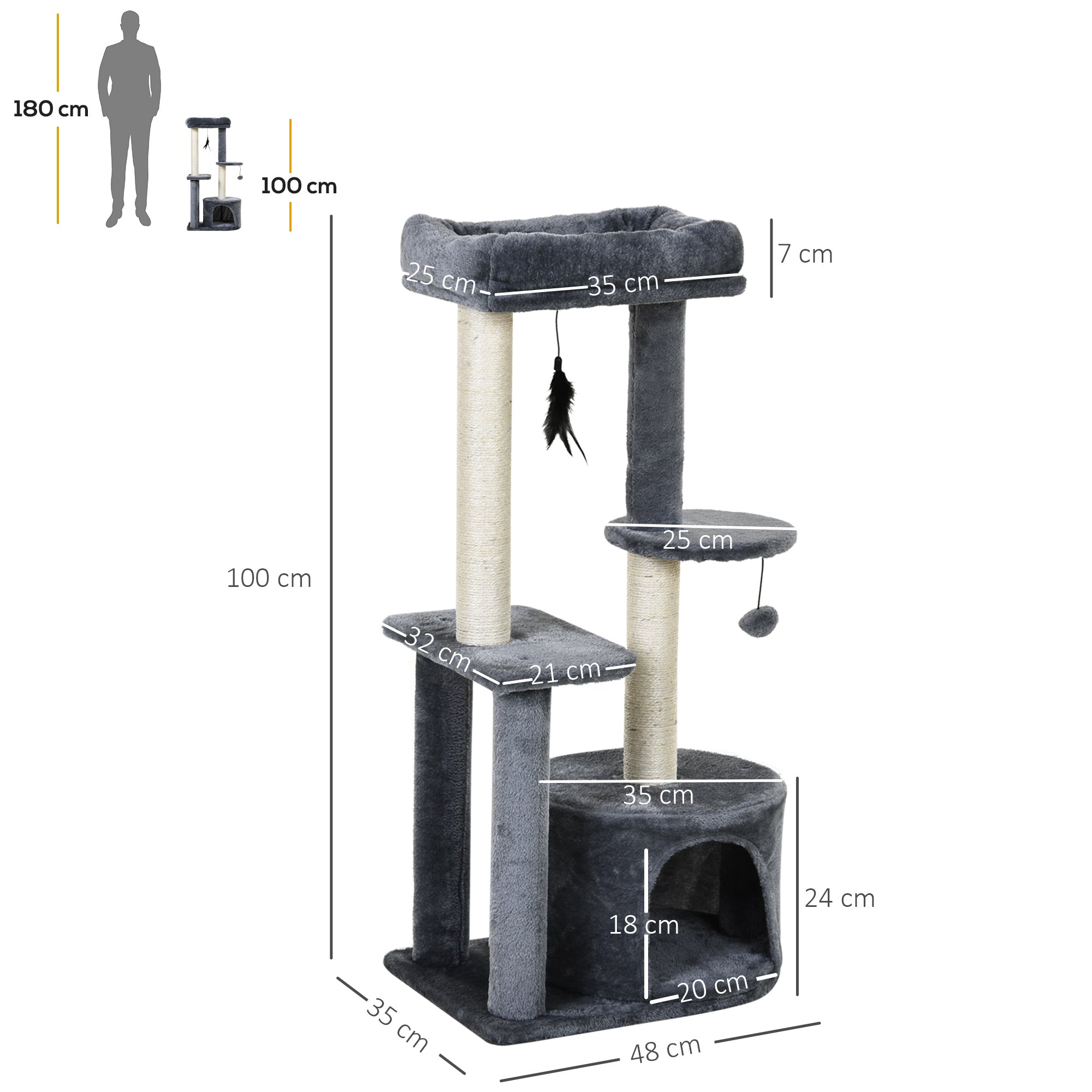 PawHut Cat Tree Tower: Multi-Activity Centre with Perch, House, Scratching Post, Play Ball & Rest Area, Grey & White