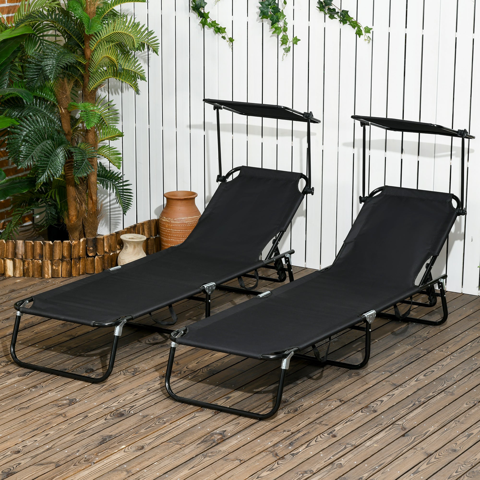 Outsunny Set of Two Folding Sun Loungers, with Adjustable Backs and Sun Canopies - Black