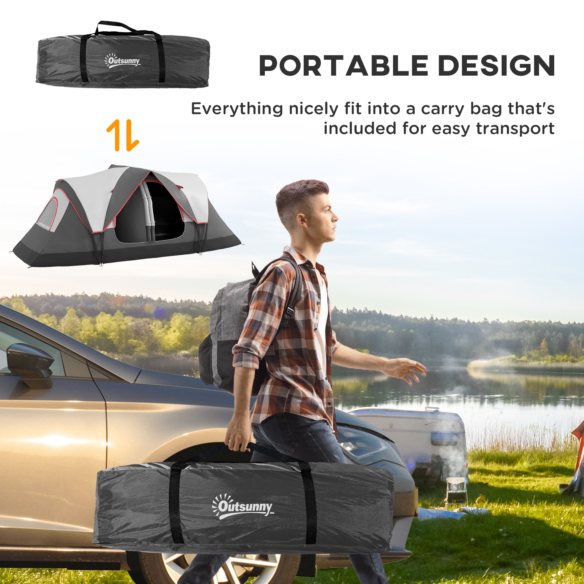 Outsunny Camping Tent for 6-8 Man with 2000mm Waterproof Rainfly and Carry Bag for Fishing Hiking Festival, Grey - North Peak Garden Furniture