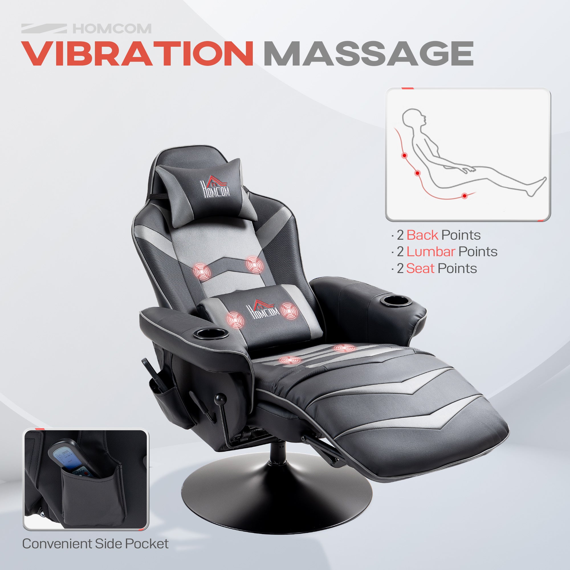HOMCOM Massage Recliner Chair with Remote, PU Leather Recliner Armchair with Cup Holders and Side Pockets, Racing Style Reclining Chair with Headrest, 360° Swivel, Lumbar Support, Grey - North Peak Garden Furniture