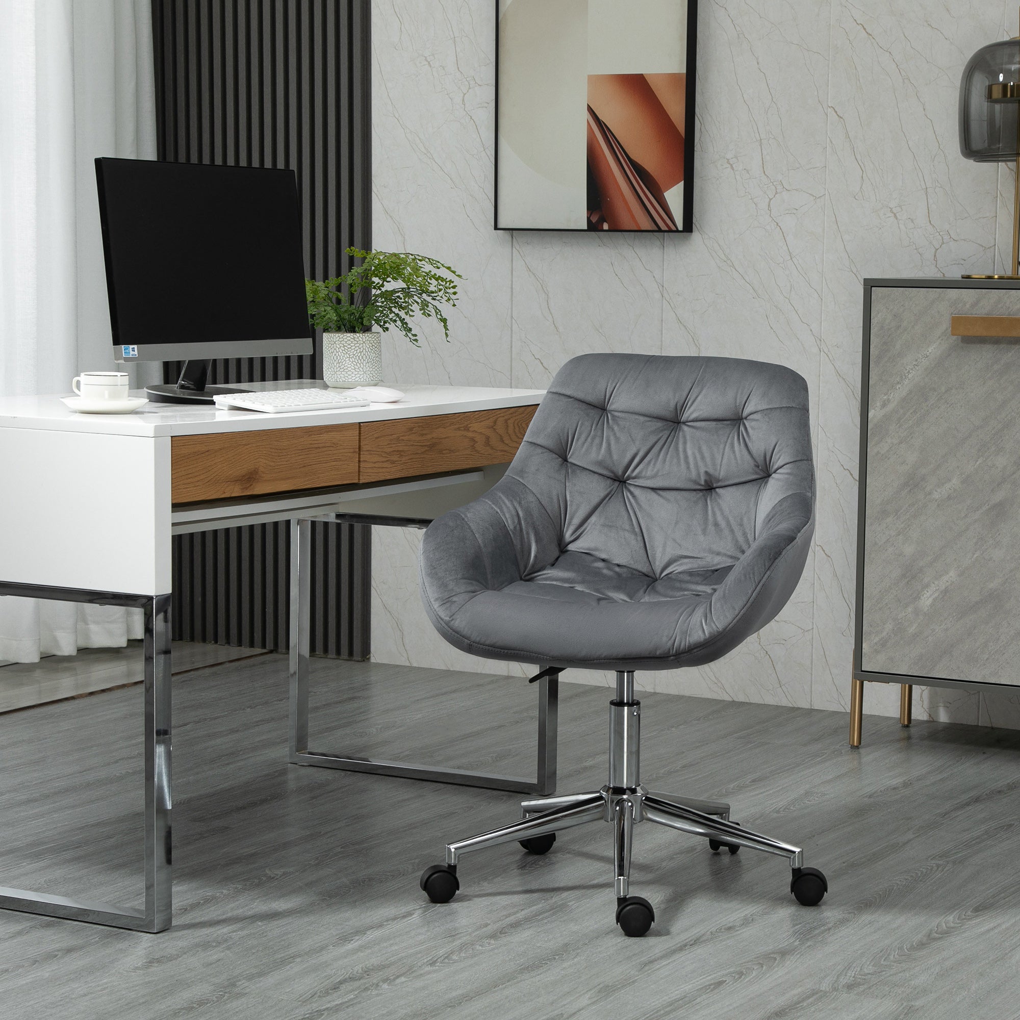 Vinsetto Home Office Chair Velvet Ergonomic Computer Chair Comfy Desk Chair with Adjustable Height, Arm and Back Support, Dark Grey - North Peak Garden Furniture