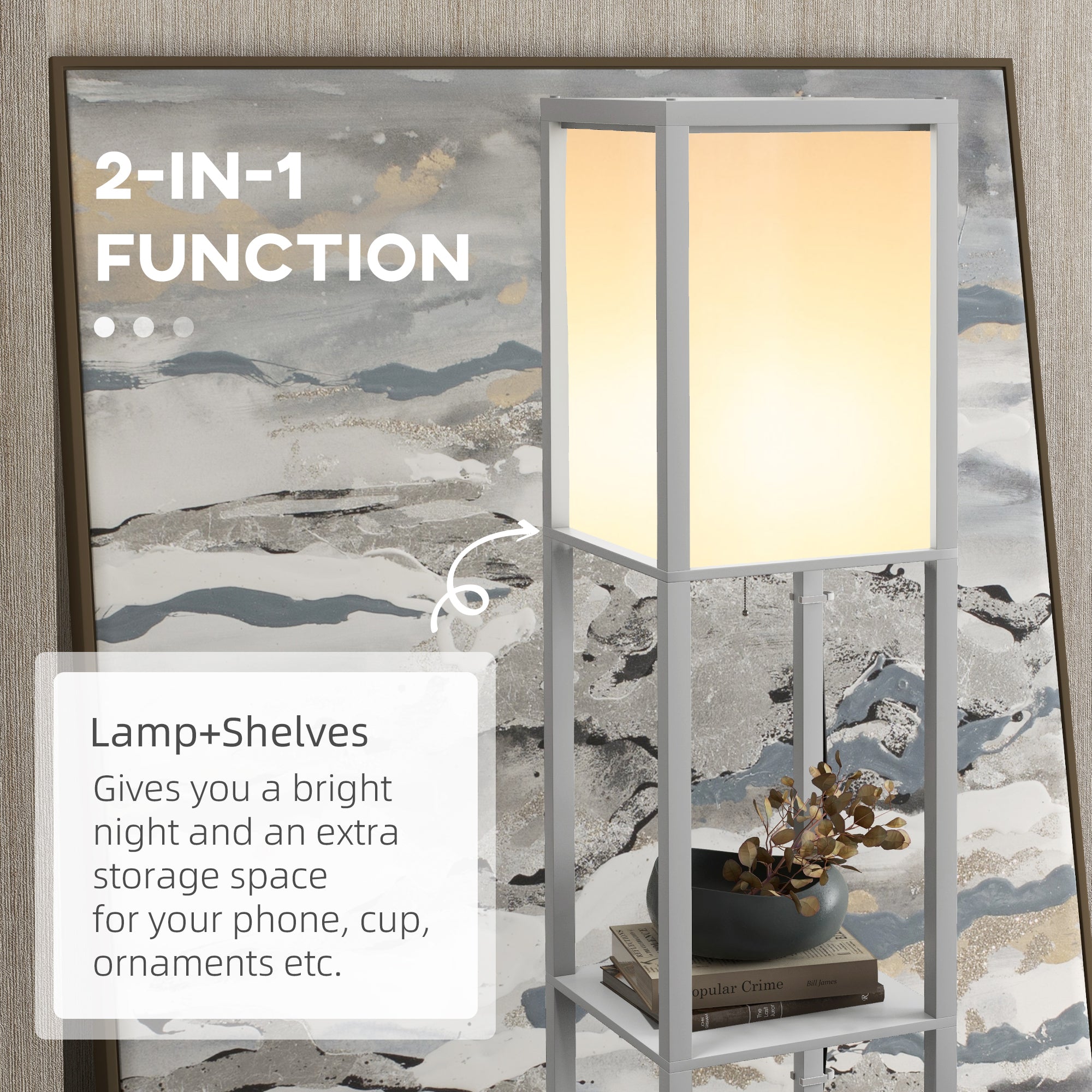 HOMCOM Modern Shelf Floor Lamp with Dual Ambient Light, Standing Lamp Living Room, Bedroom, 156cm, Grey - North Peak Garden Furniture