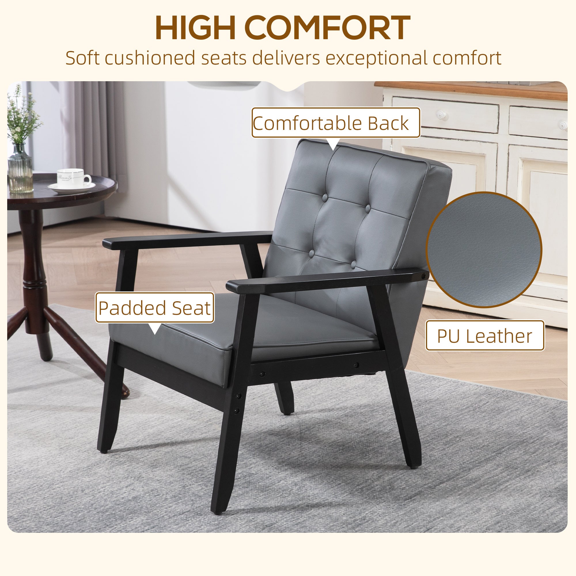 HOMCOM Retro-Style Accent Chair, with Faux Leather Seat - Grey - North Peak Garden Furniture