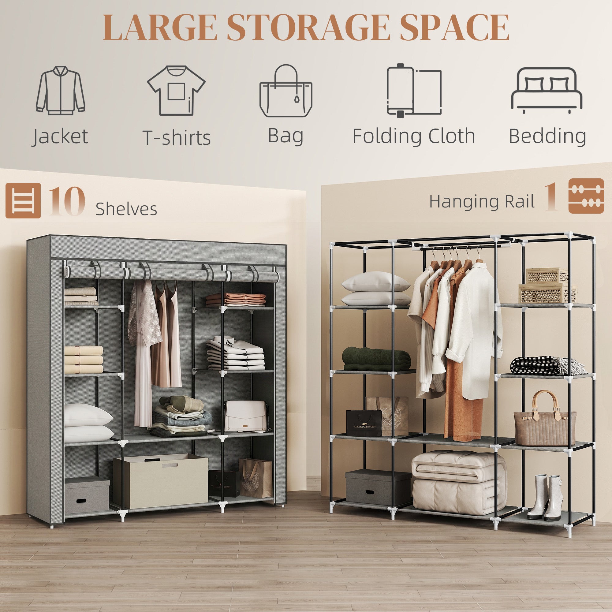 HOMCOM Clothes Storage Organiser with Hanging Rail, Shelves, Portable Wardrobe, Foldable Fabric Wardrobe, Light Grey